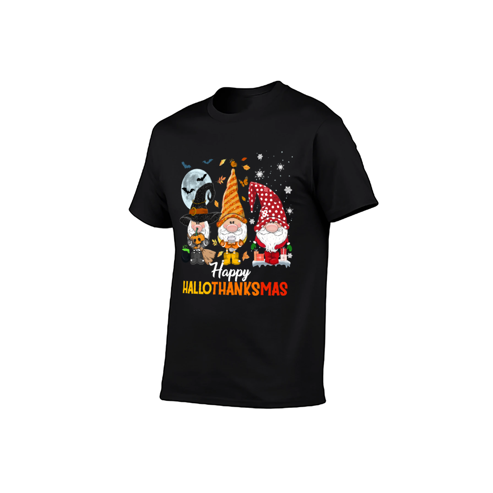 Happy HalloThanksMas Gnome T-Shirt - 100% Cotton, Festive Tee for Halloween, Thanksgiving & Christmas Celebrations