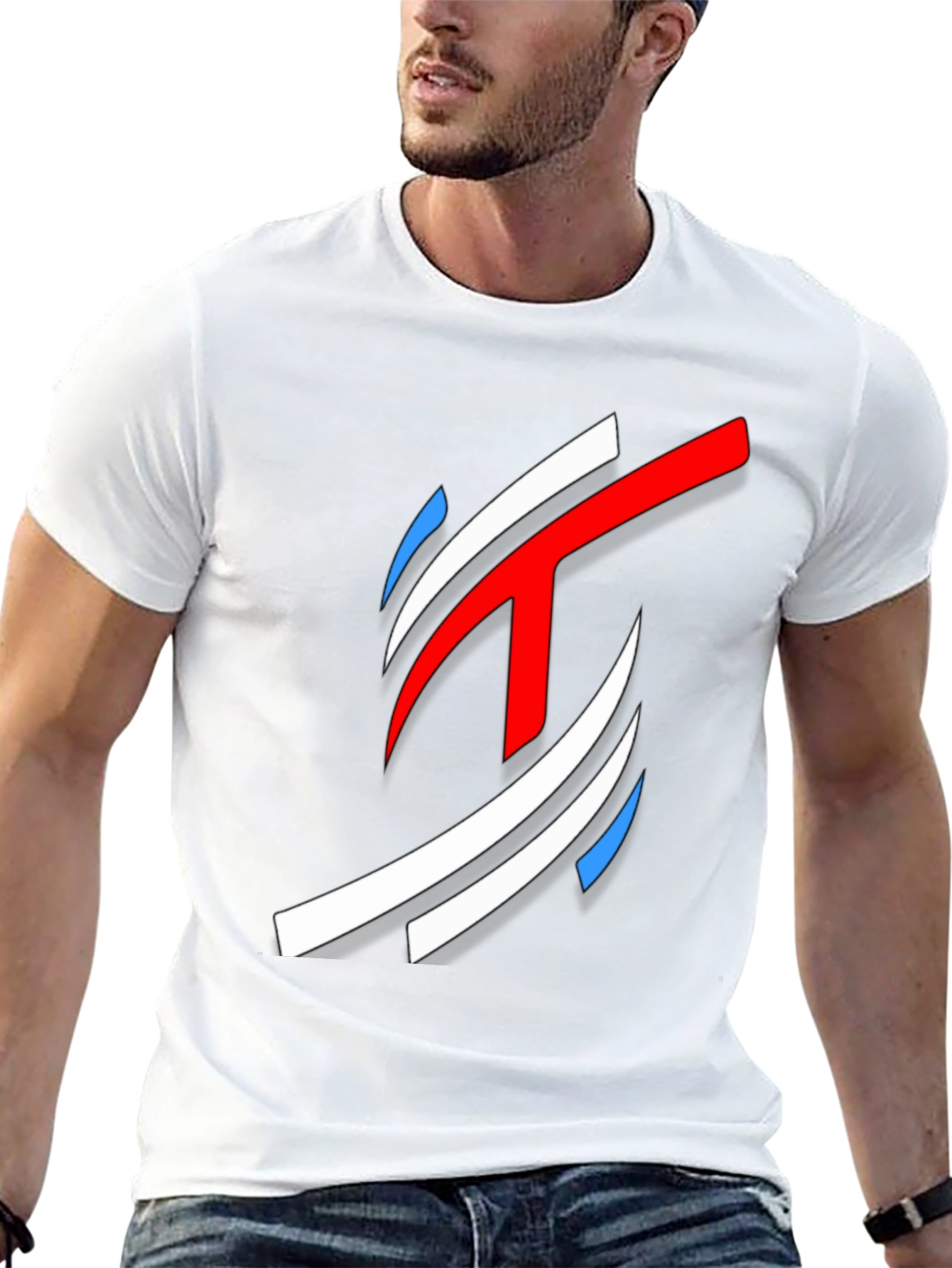 Abstract Red White Blue Graphic Black T-Shirt