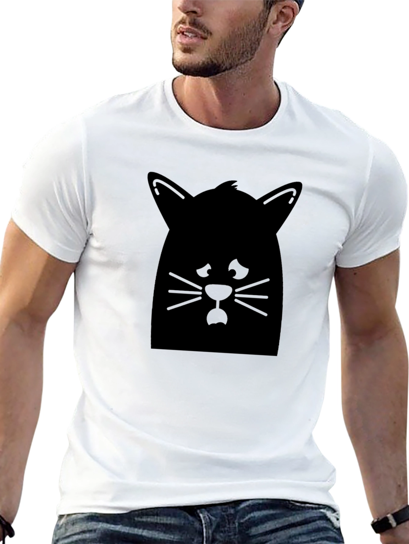 Cat Silhouette Graphic Tee - Black Cotton Casual Shirt