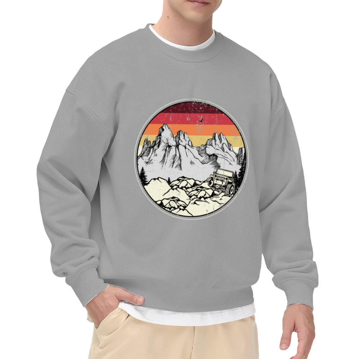 Retro Sunset Jeep Adventure Crewneck Sweatshirt - Vintage Mountain Landscape Pullover