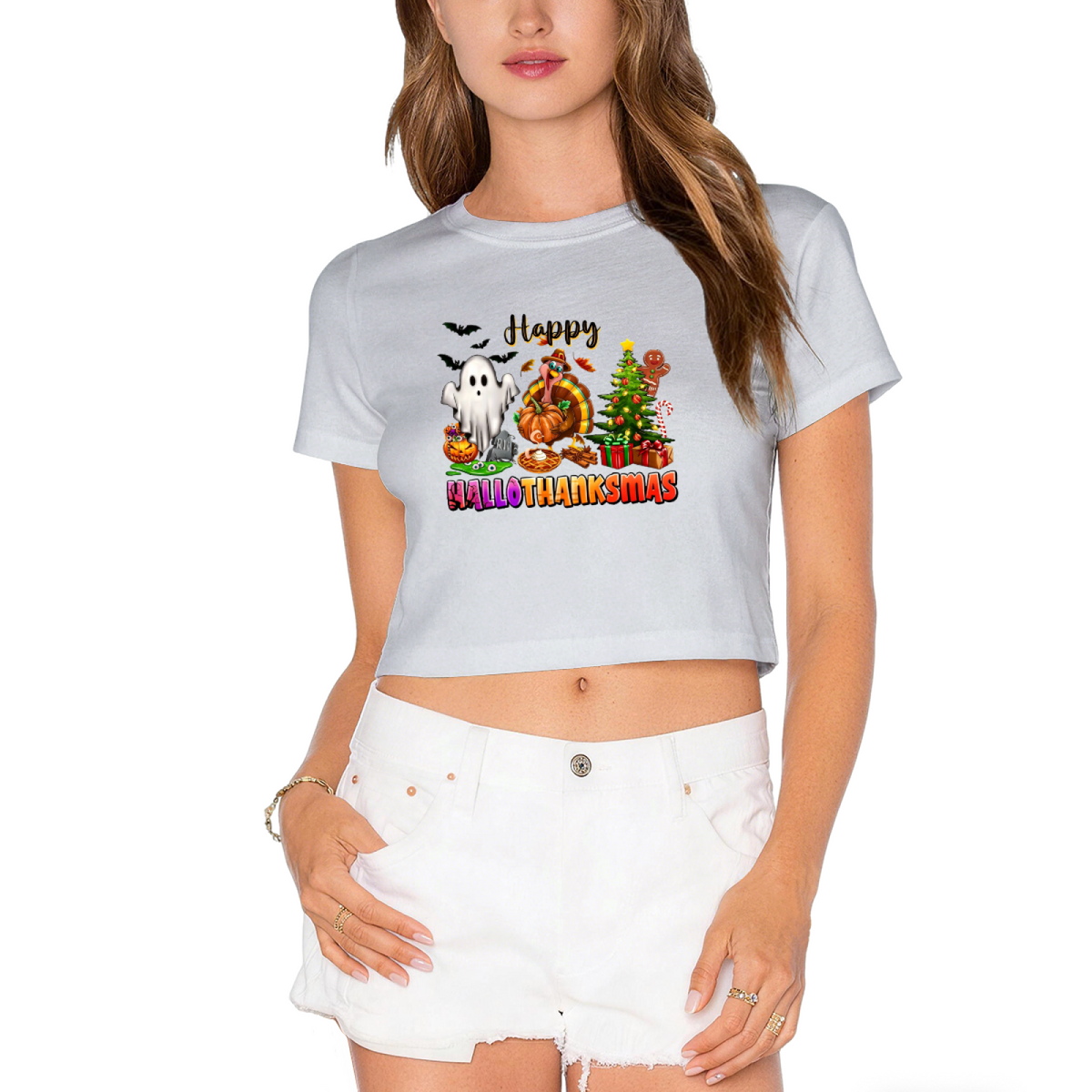 Happy Hallothanksmas Holiday Mashup Cropped T?Shirt