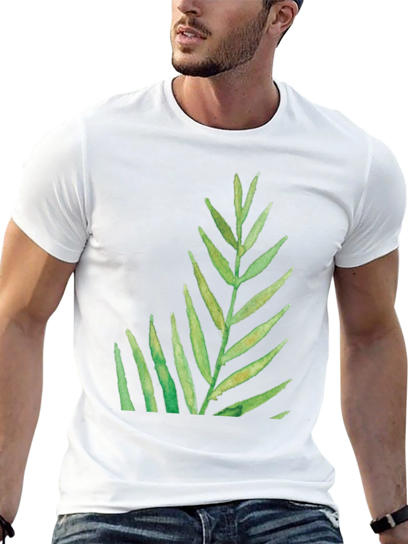 Green Leaf Print Black T-Shirt