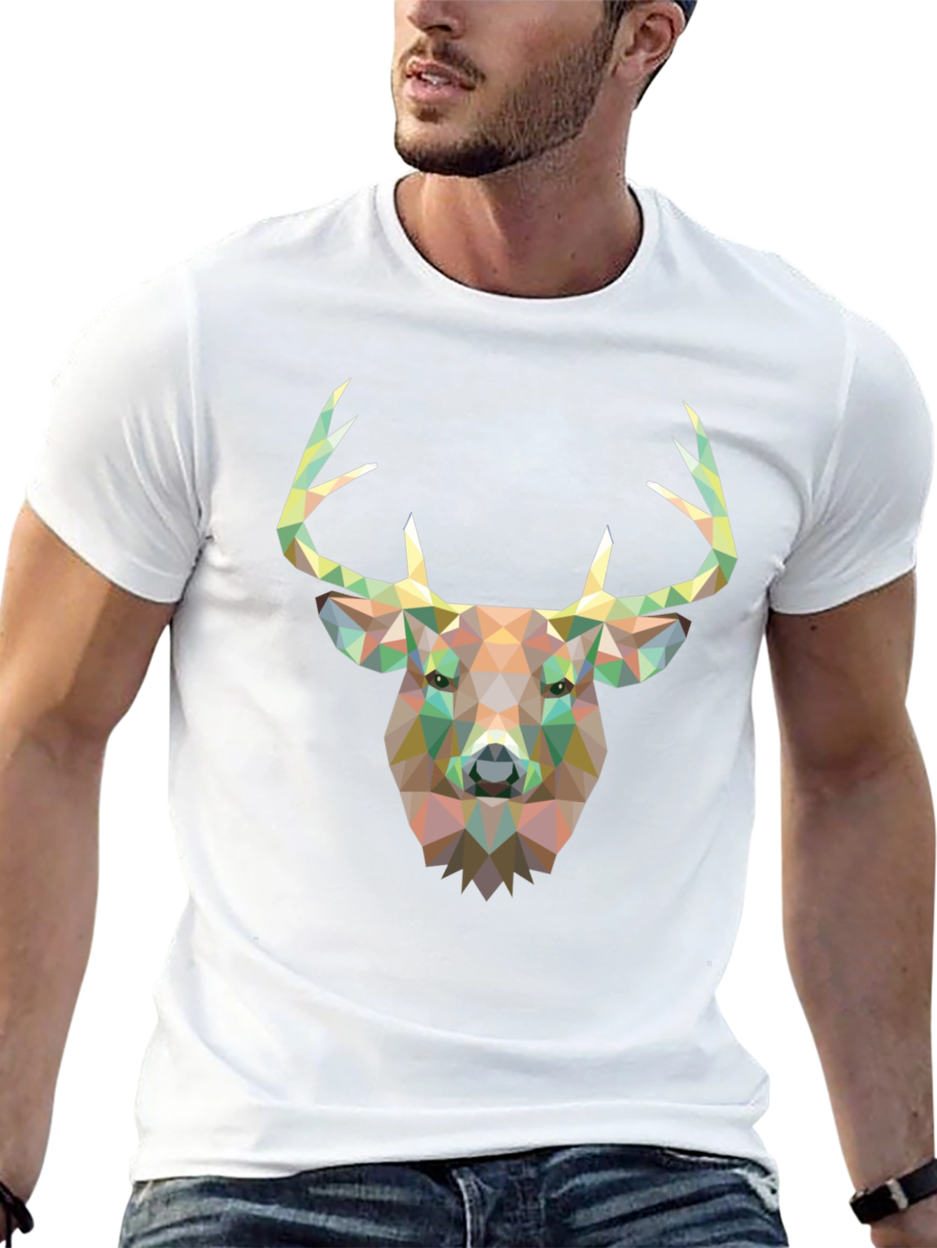 Geometric Deer Head Graphic Black T-Shirt