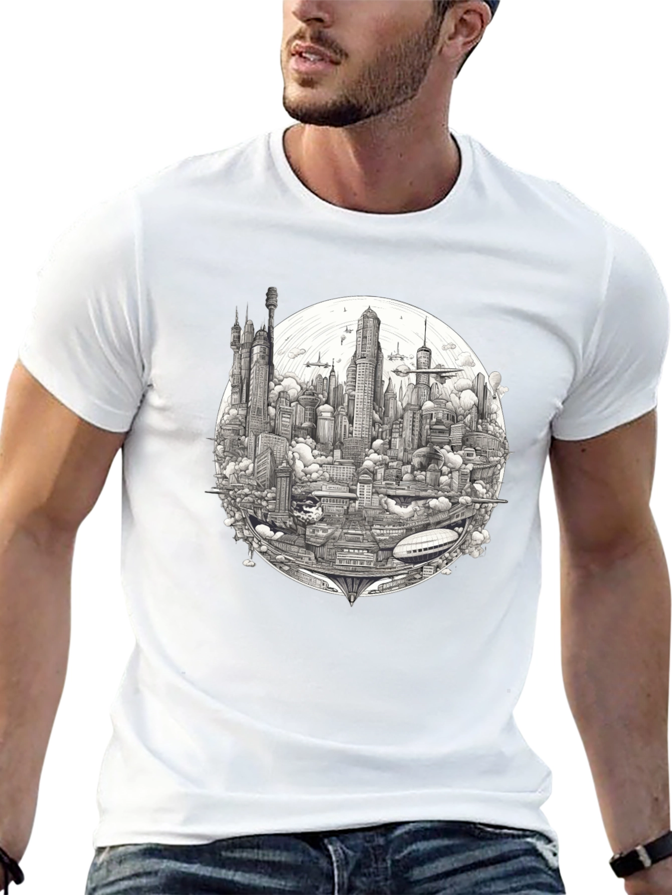 Futuristic Cityscape Graphic Print Black T-Shirt