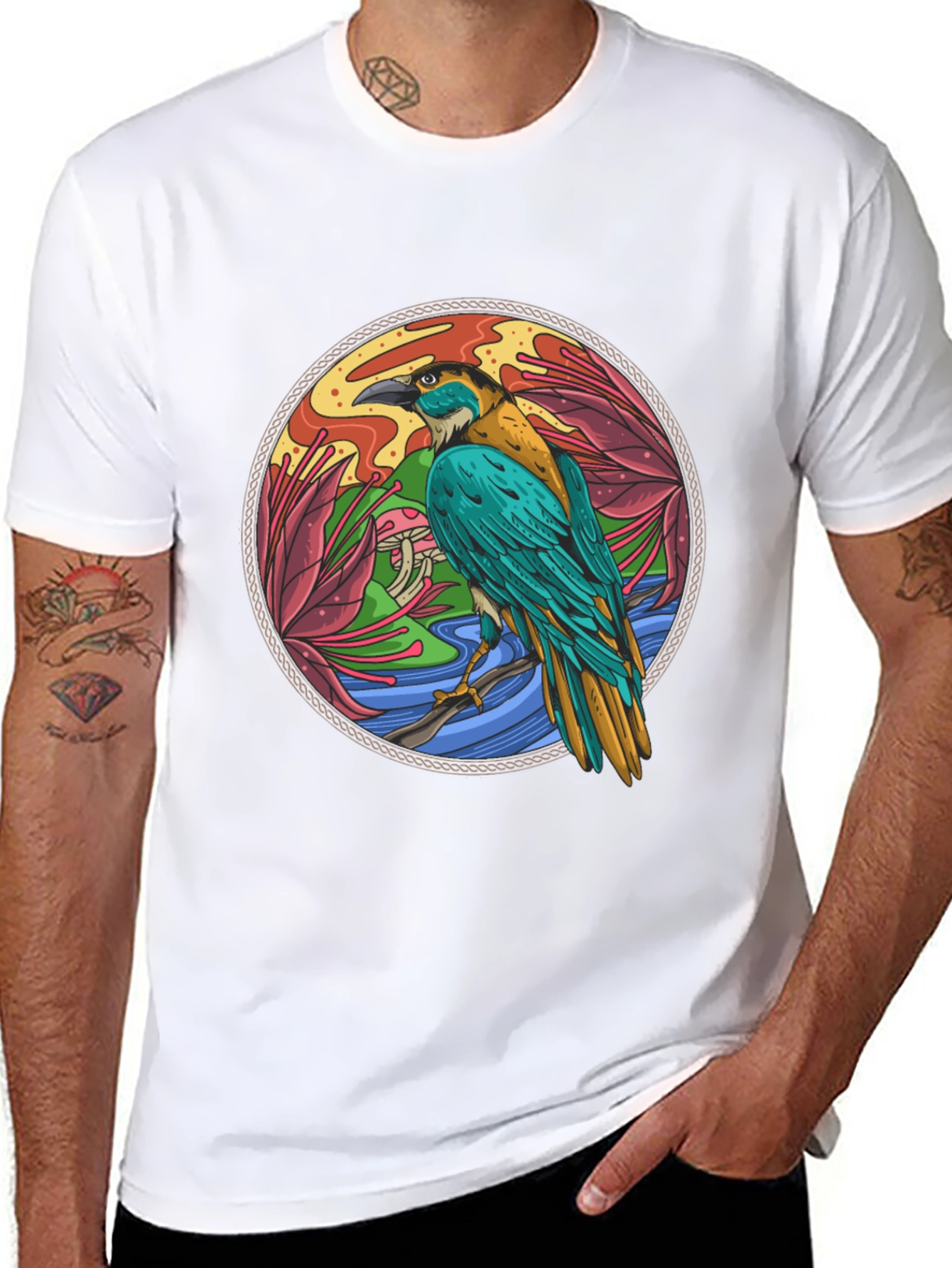 Bird Circle Graphic Print Crew Neck Black T-Shirt