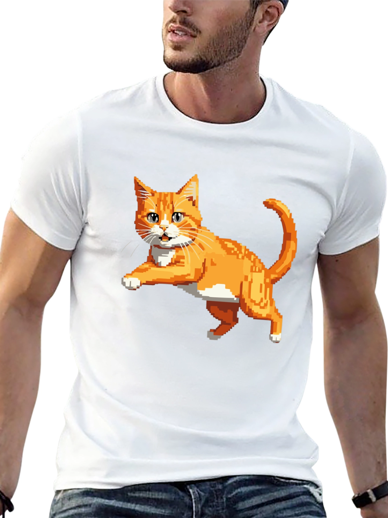 Pixelated Orange Cat T-Shirt - Cool Retro Design