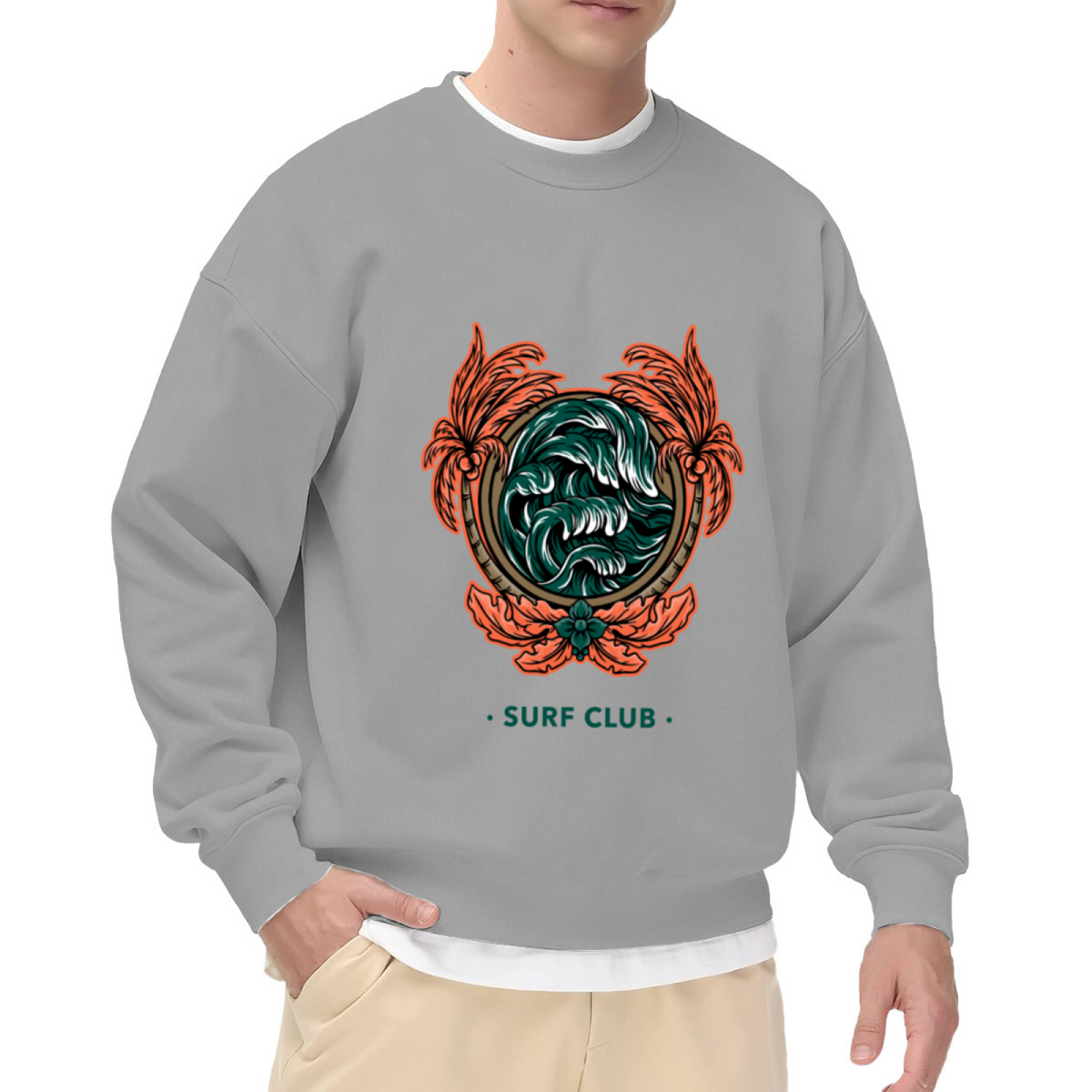 Surf Club Sweatshirt - Retro Wave Palm Badge Crewneck, Vintage Surf Aesthetic Pullover, Beach Surfer Gift Sweatshirt, Coastal Badge Top