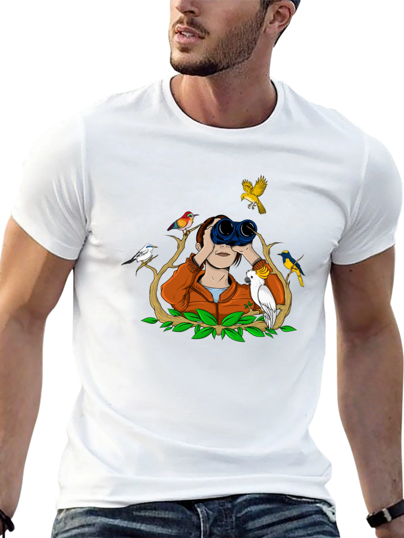 Bird Watching Tee - Binoculars and Birds Design