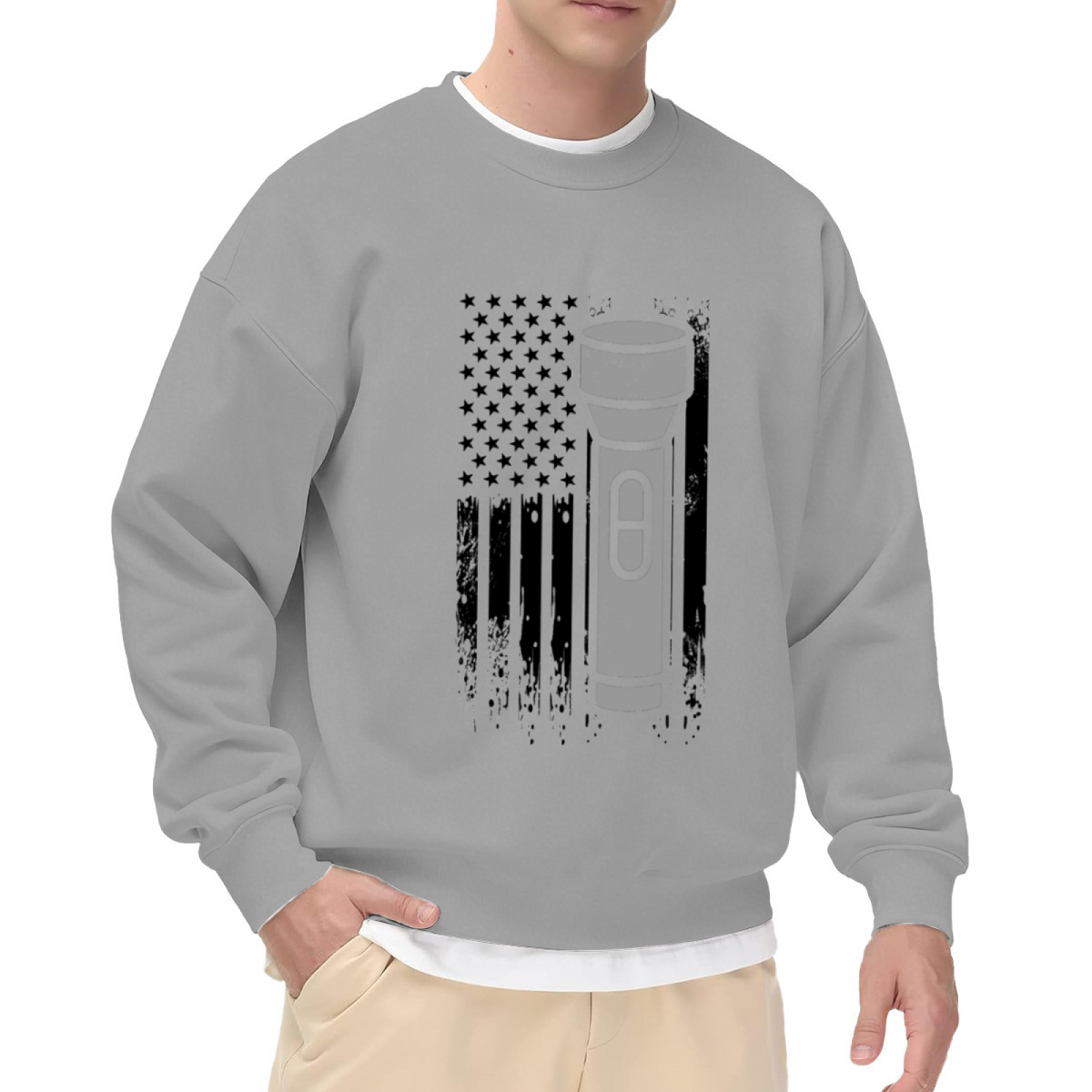 Distressed American Flag Flashlight Crewneck Sweatshirt - Patriotic USA Veteran Pullover