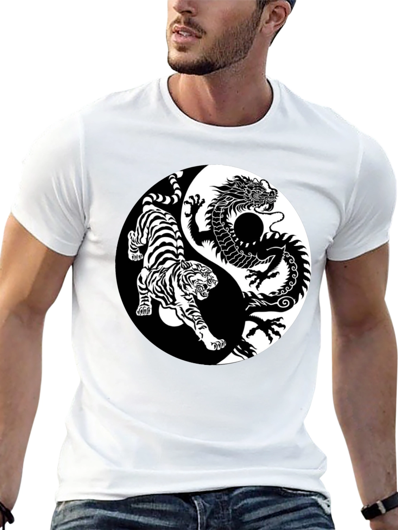 Yin Yang Dragon Tiger Graphic Tee - Black