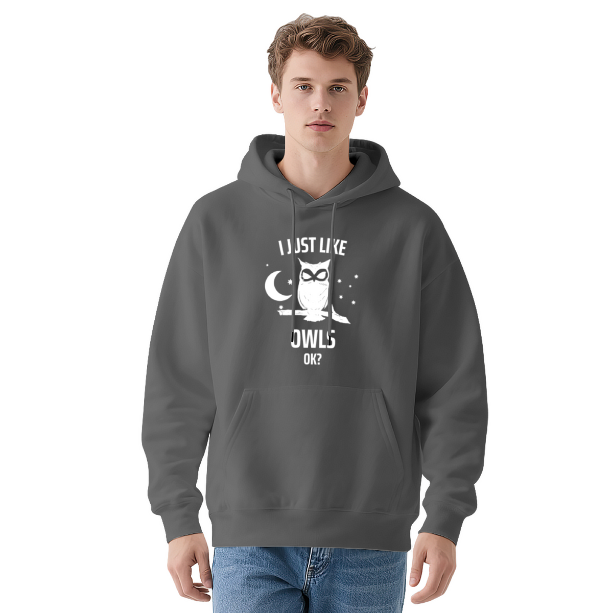 Funny Owl Hoodie with Moon & Stars Text
