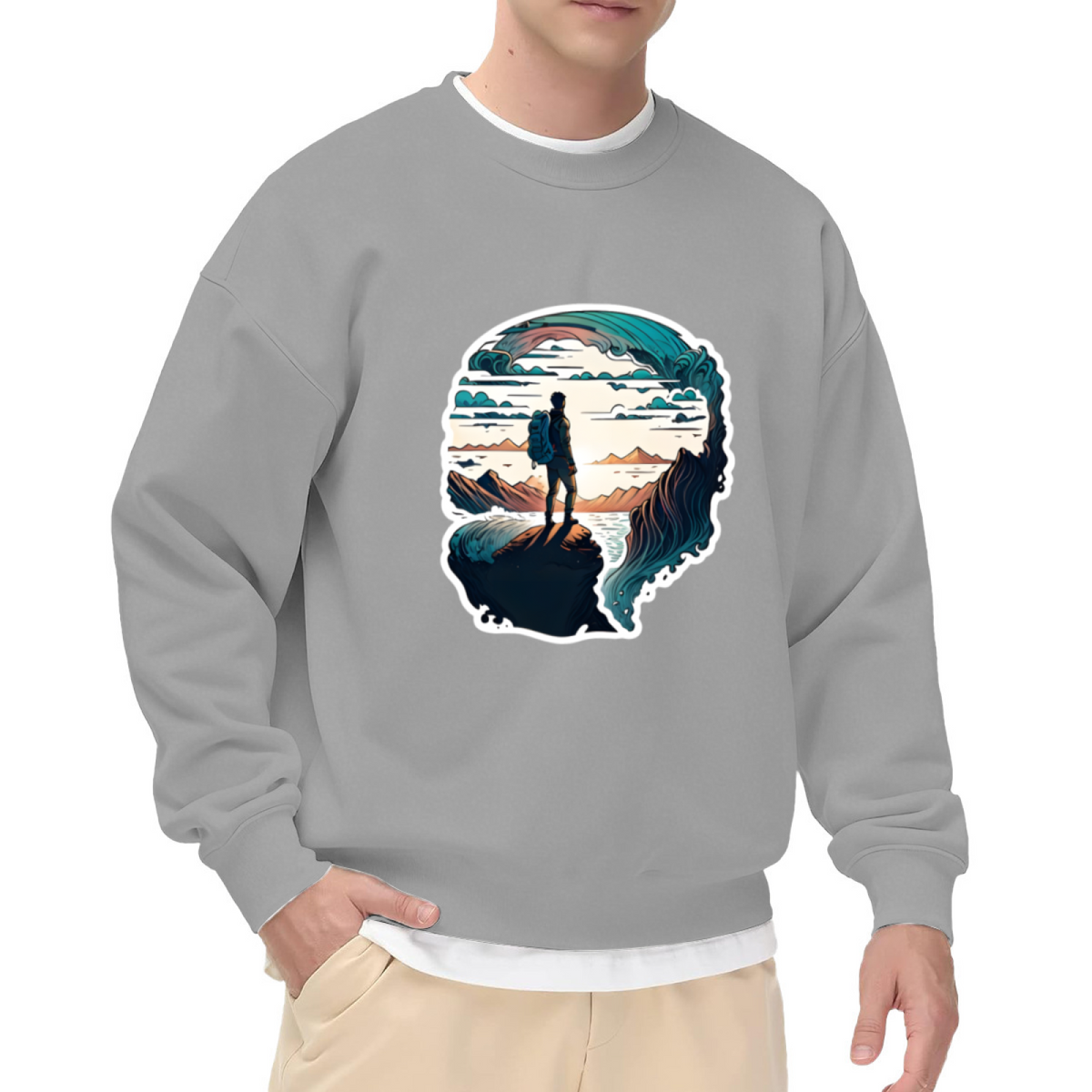 Backpacker Cliff Adventure Crewneck Sweatshirt - Hiking Travel Nature Pullover