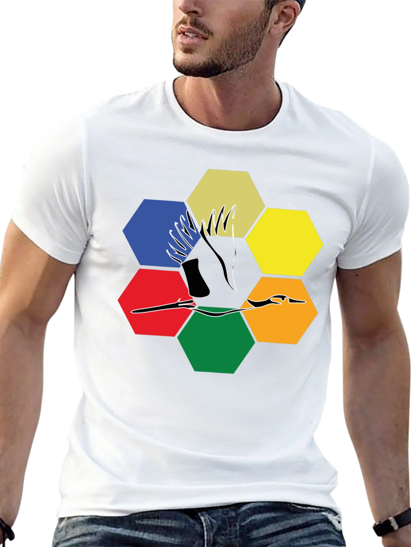 Abstract Crane Hexagon T-Shirt - Modern Graphic Tee