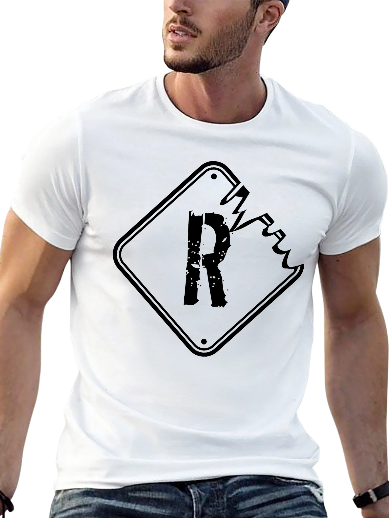Distressed R Graphic Tee - Black Cotton T-Shirt