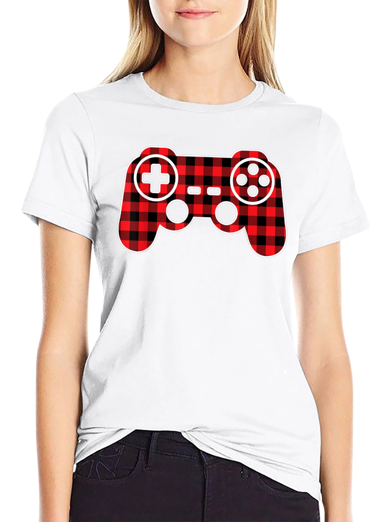 Plaid Game Controller Black T-Shirt