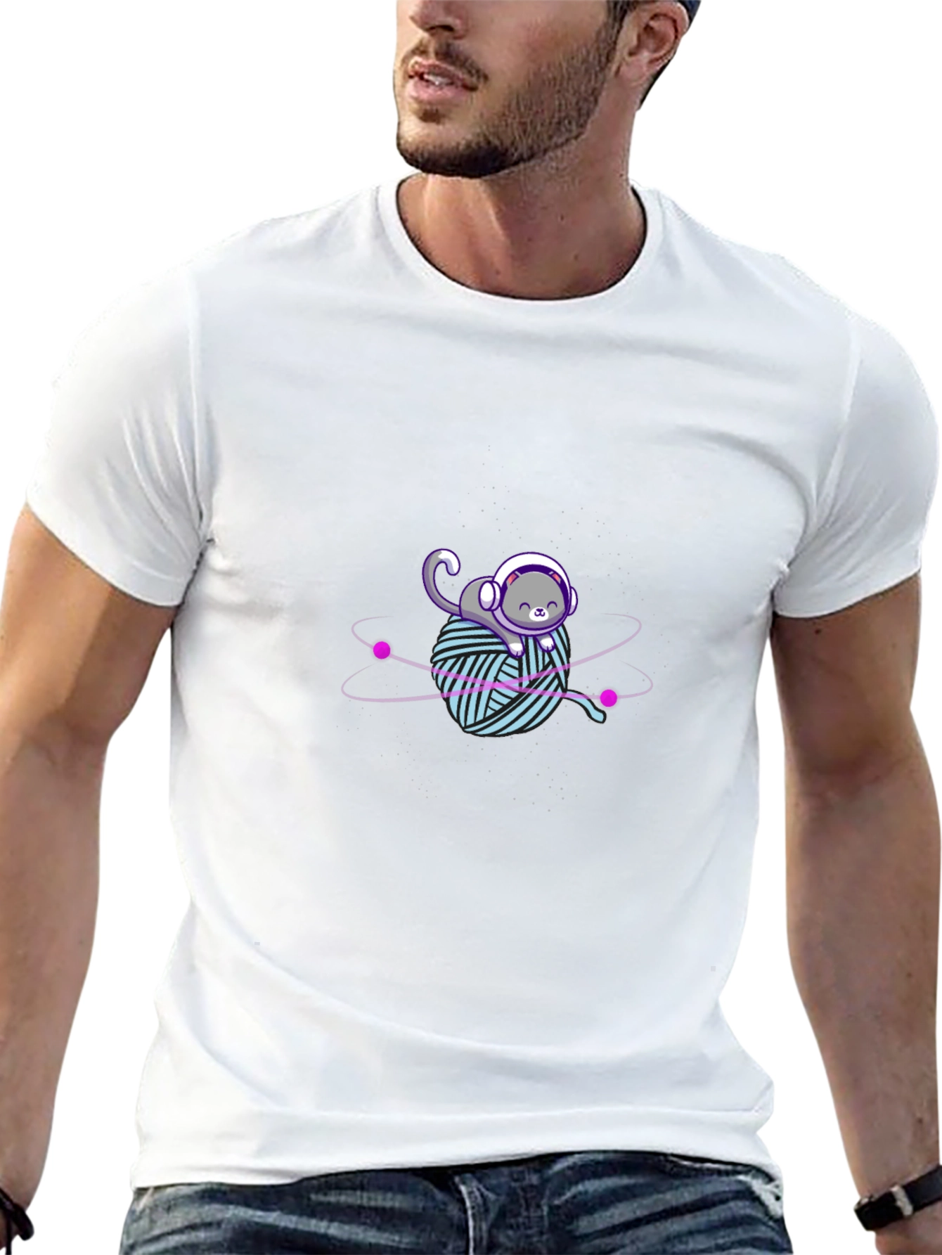 Astronaut Cat Yarn Ball Graphic Tee - Black