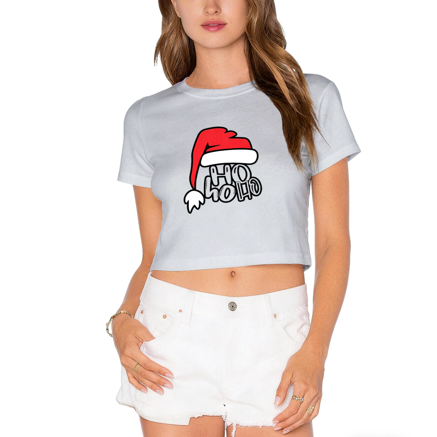 Ho Ho Ho Santa Hat Fun Christmas White Crop Tee