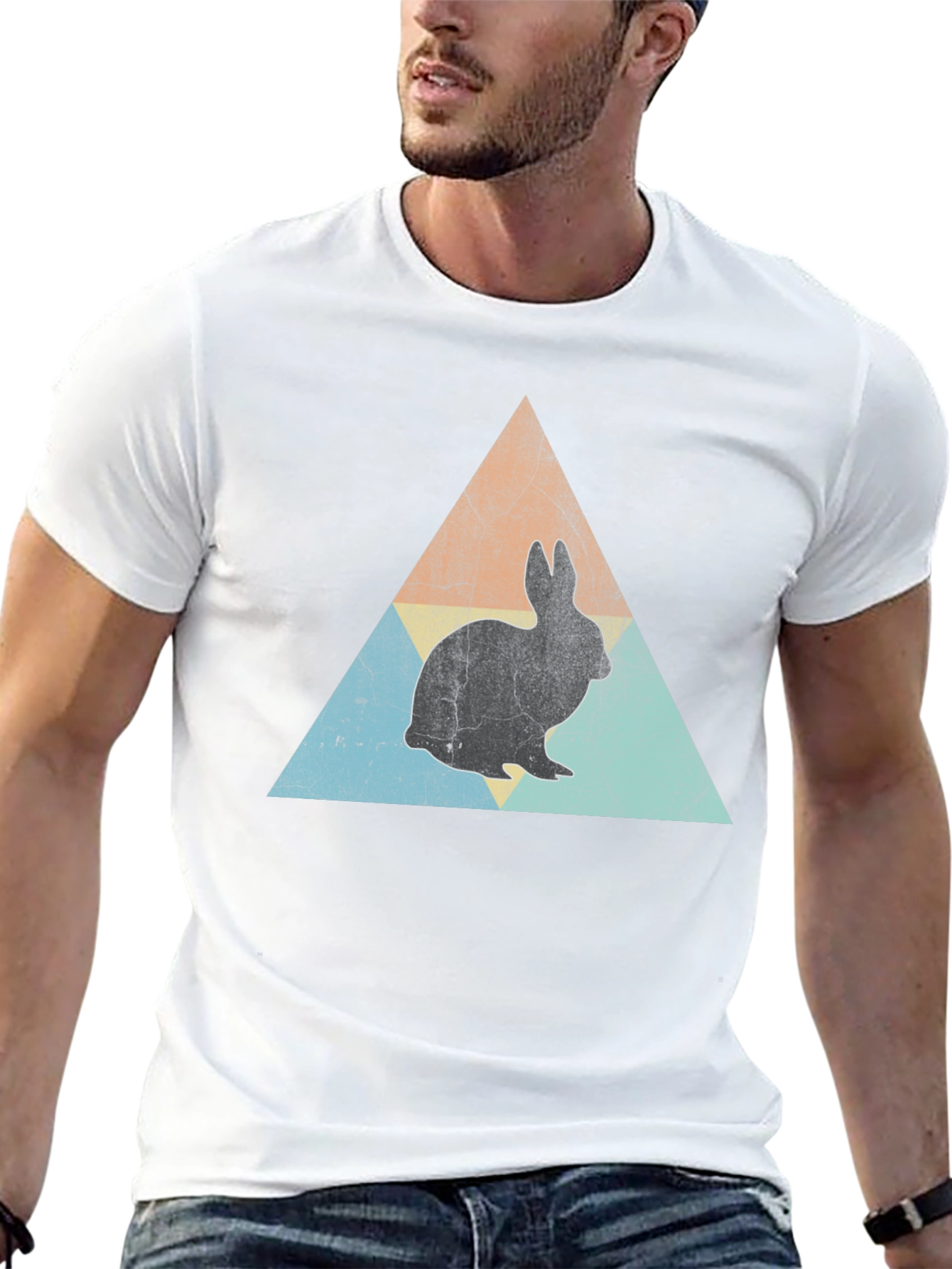 Retro Rabbit Triangle Graphic Tee - Black Cotton Shirt