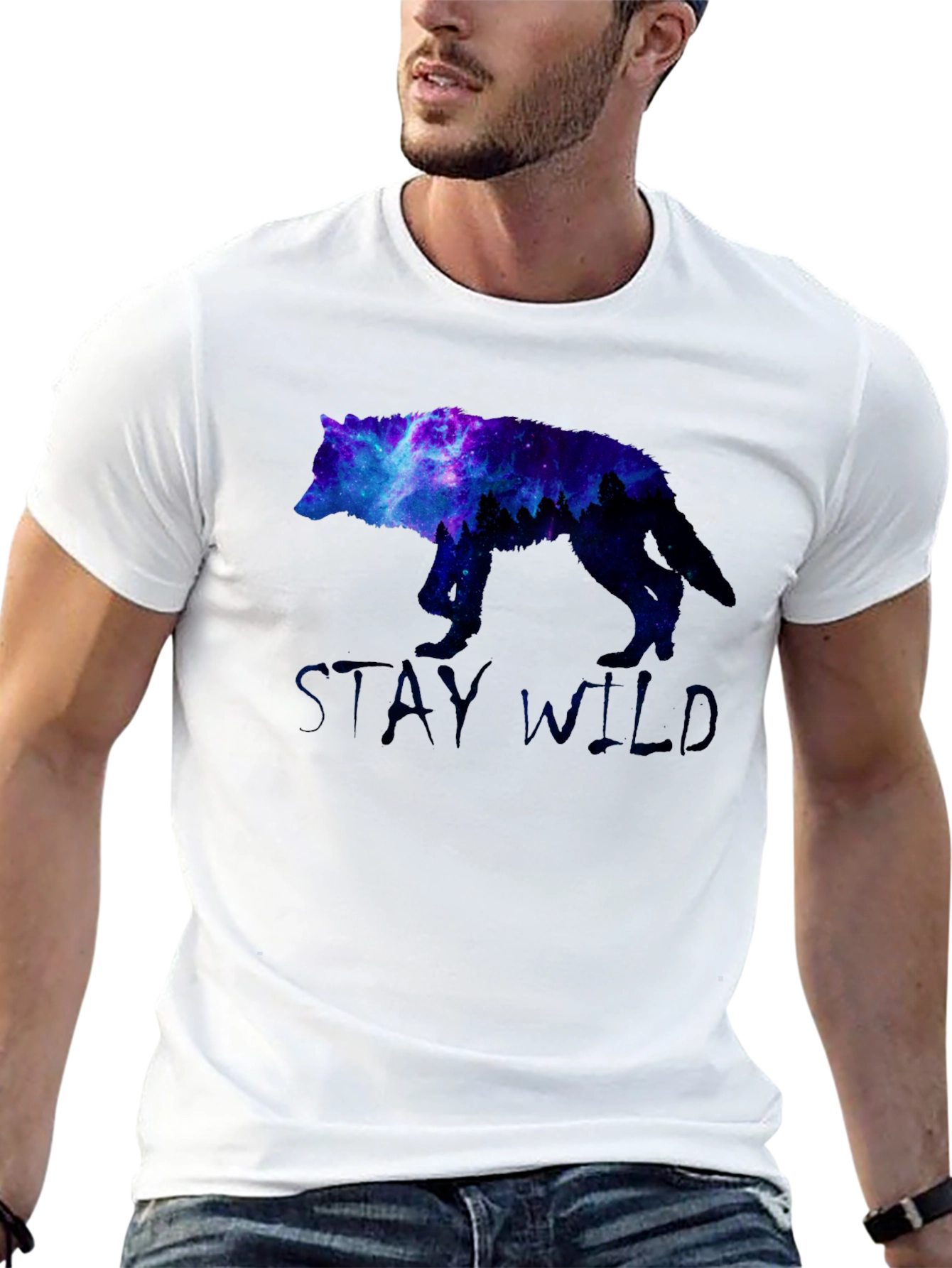 Stay Wild Wolf Galaxy Graphic Print Black T-Shirt