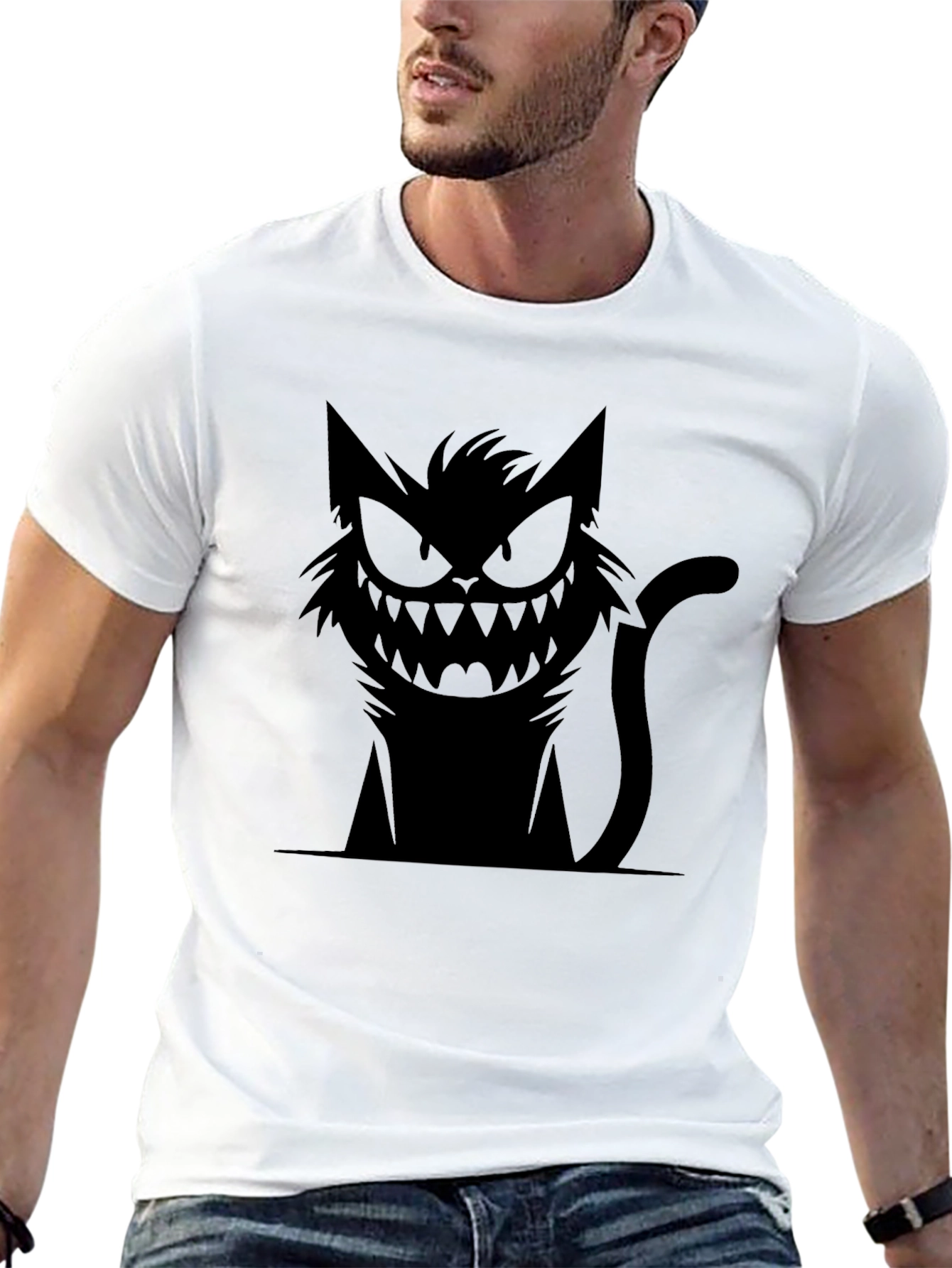Mens Black T-Shirt with Spooky Cat Graphic