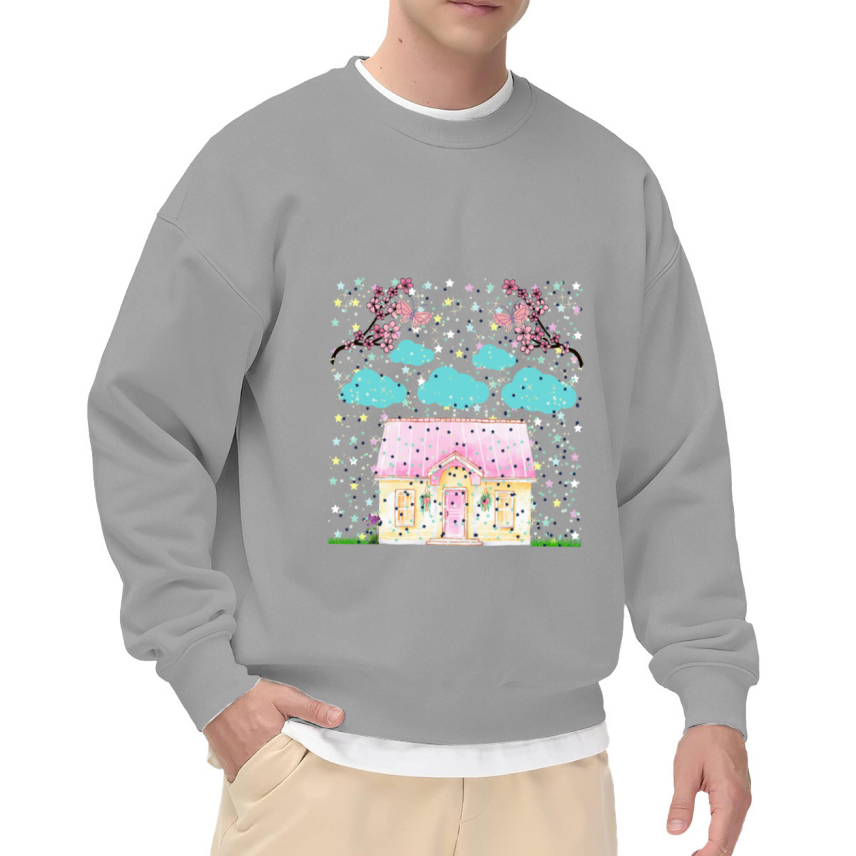 Fairy Tale House Sweatshirt - Cute Cherry Blossom Cottage Crewneck, Kawaii Spring Scene Pullover, Cozy Cottagecore Gift Sweatshirt, Butterfly Garden Top