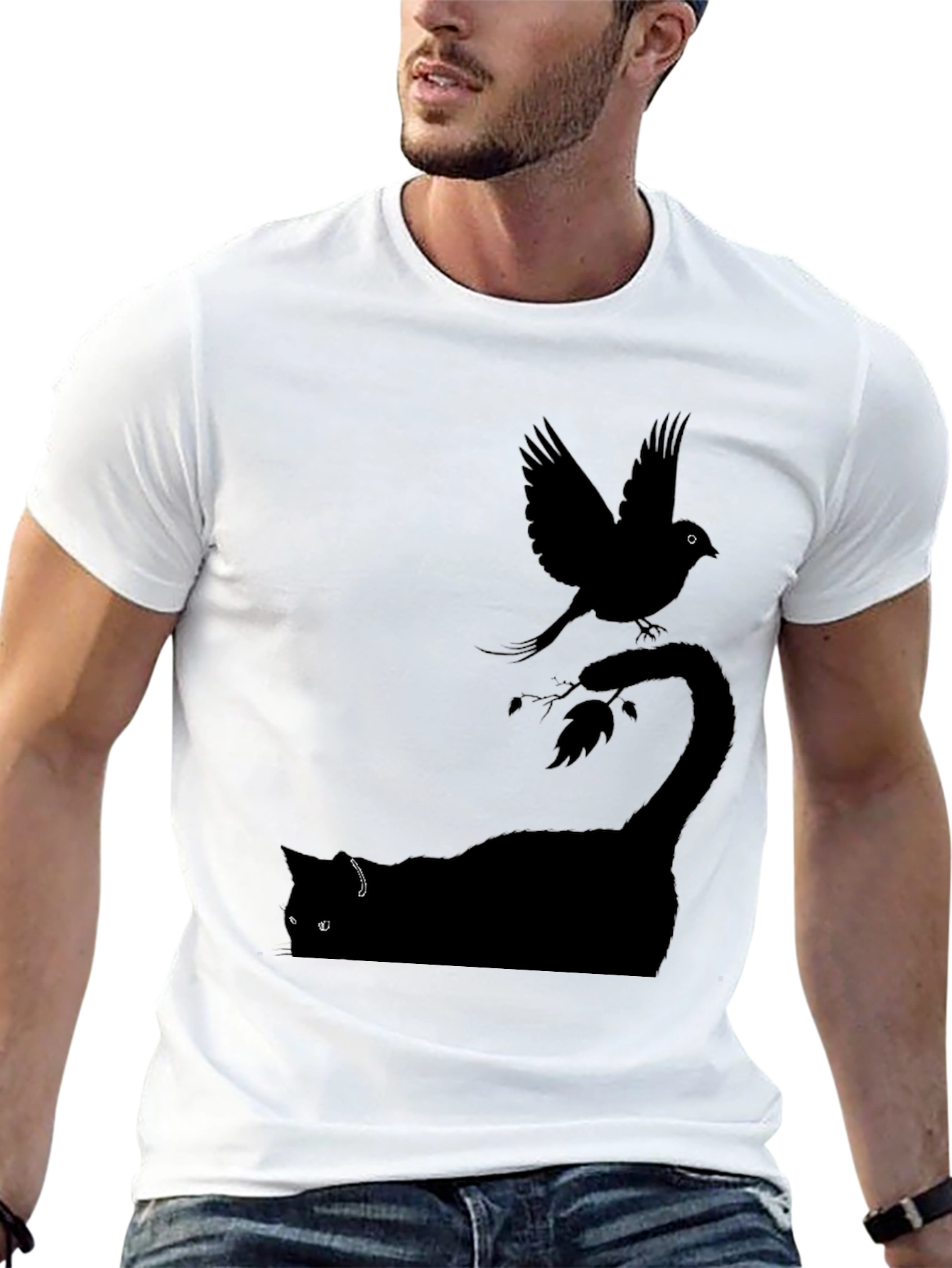 Cat & Bird Graphic T-Shirt - Mens Black Tee