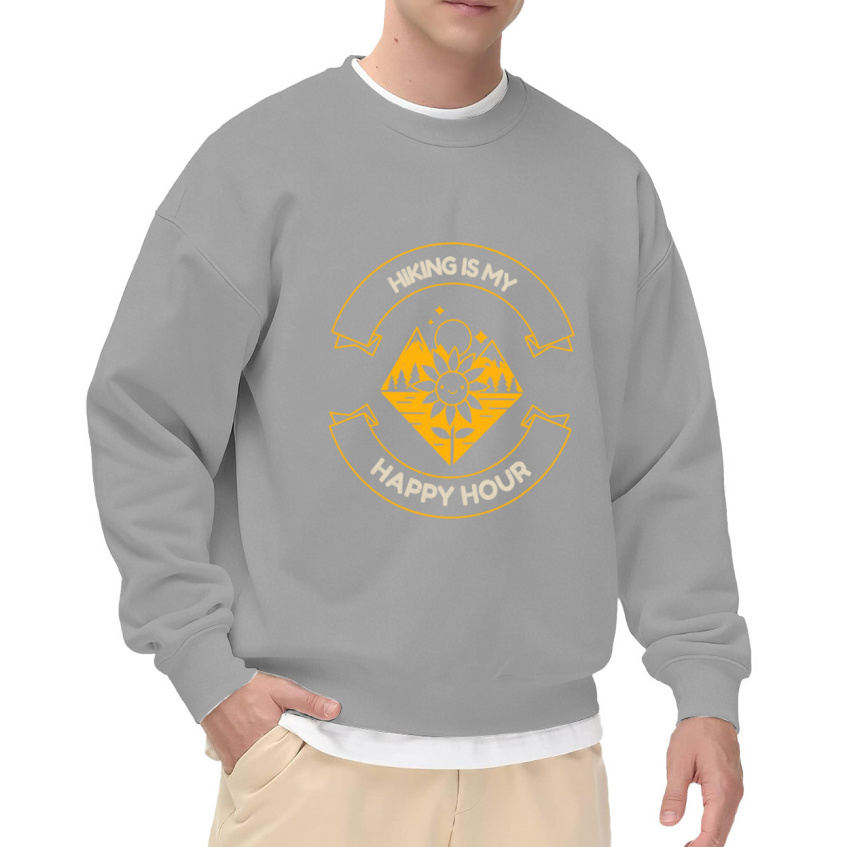 Hiking Is My Happy Hour Sweatshirt - Retro Trail Badge Crewneck, Smiling Sunflower Outdoor Pullover, Hiker Nature Gift Sweatshirt, Trail Life Top