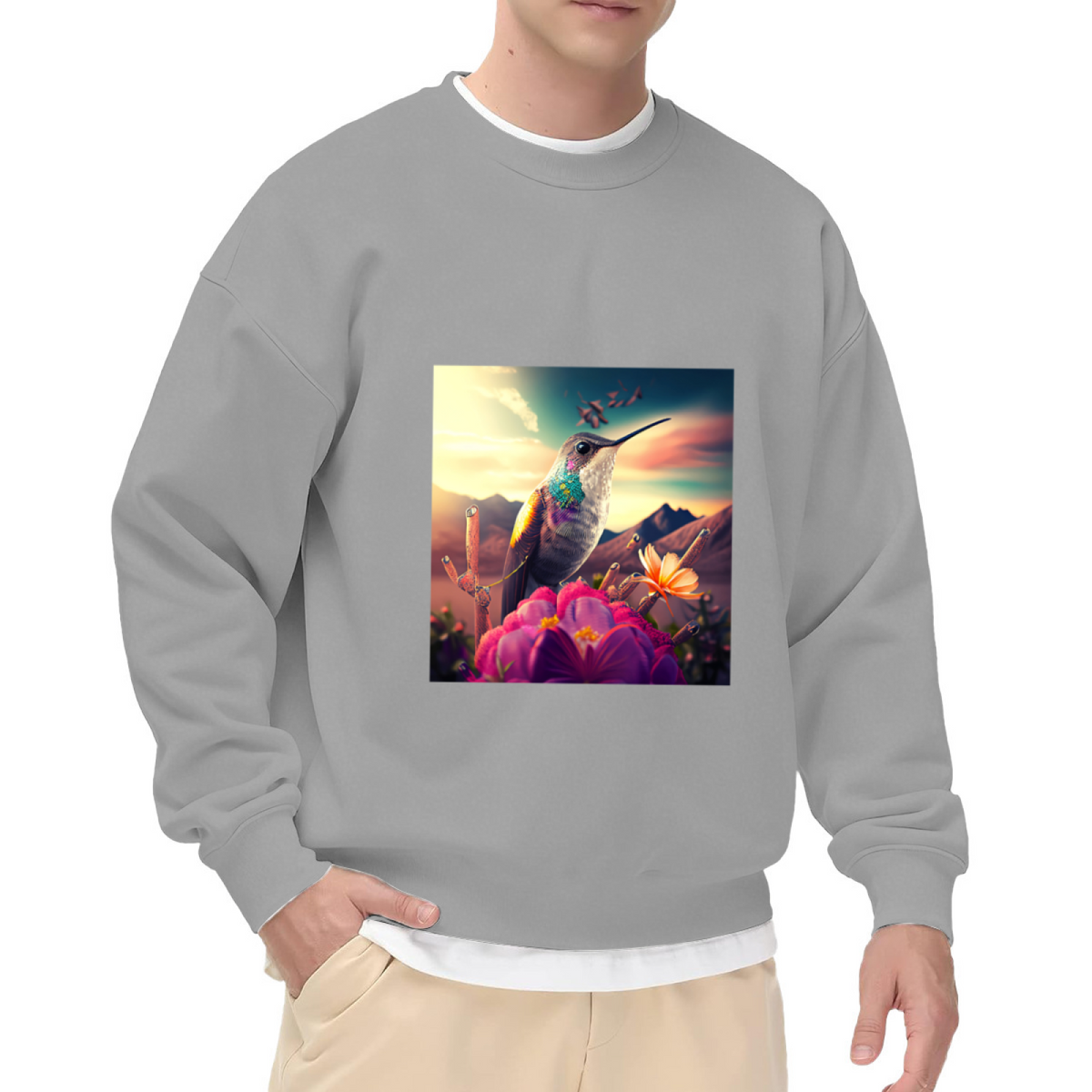 Hummingbird Sunset Photo Crewneck Sweatshirt - Nature Wildlife Photography Pullover