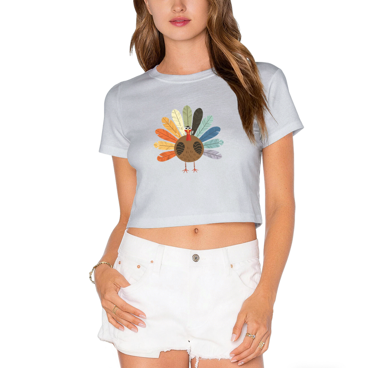Boho Colorful Feather Turkey Minimal Thanksgiving Fall Crop Top