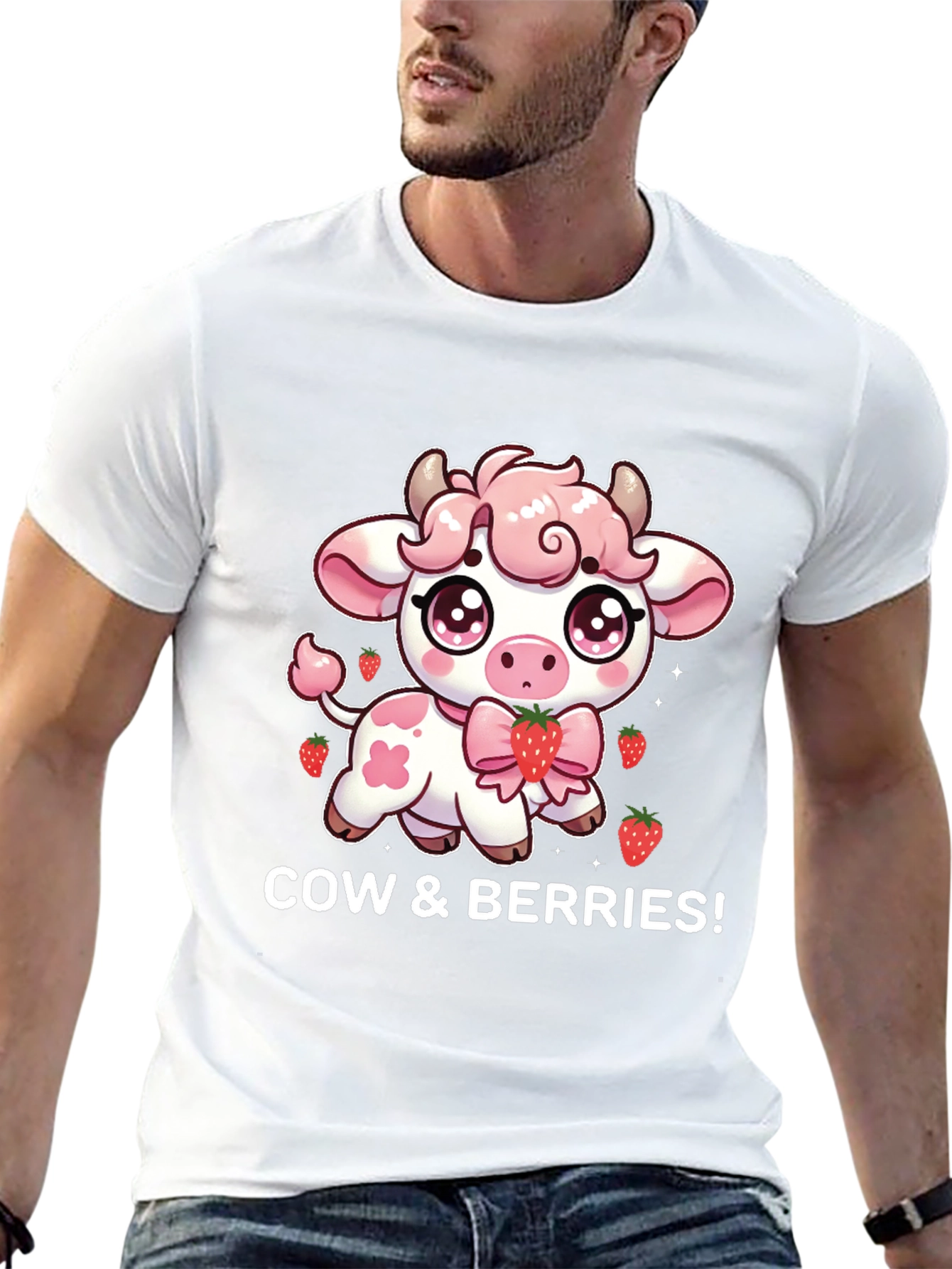 Cute Cow & Berries Black T-Shirt