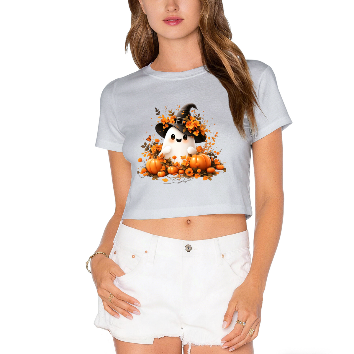 Cute Ghost Witch Hat Pumpkin Fall Halloween Crop Top