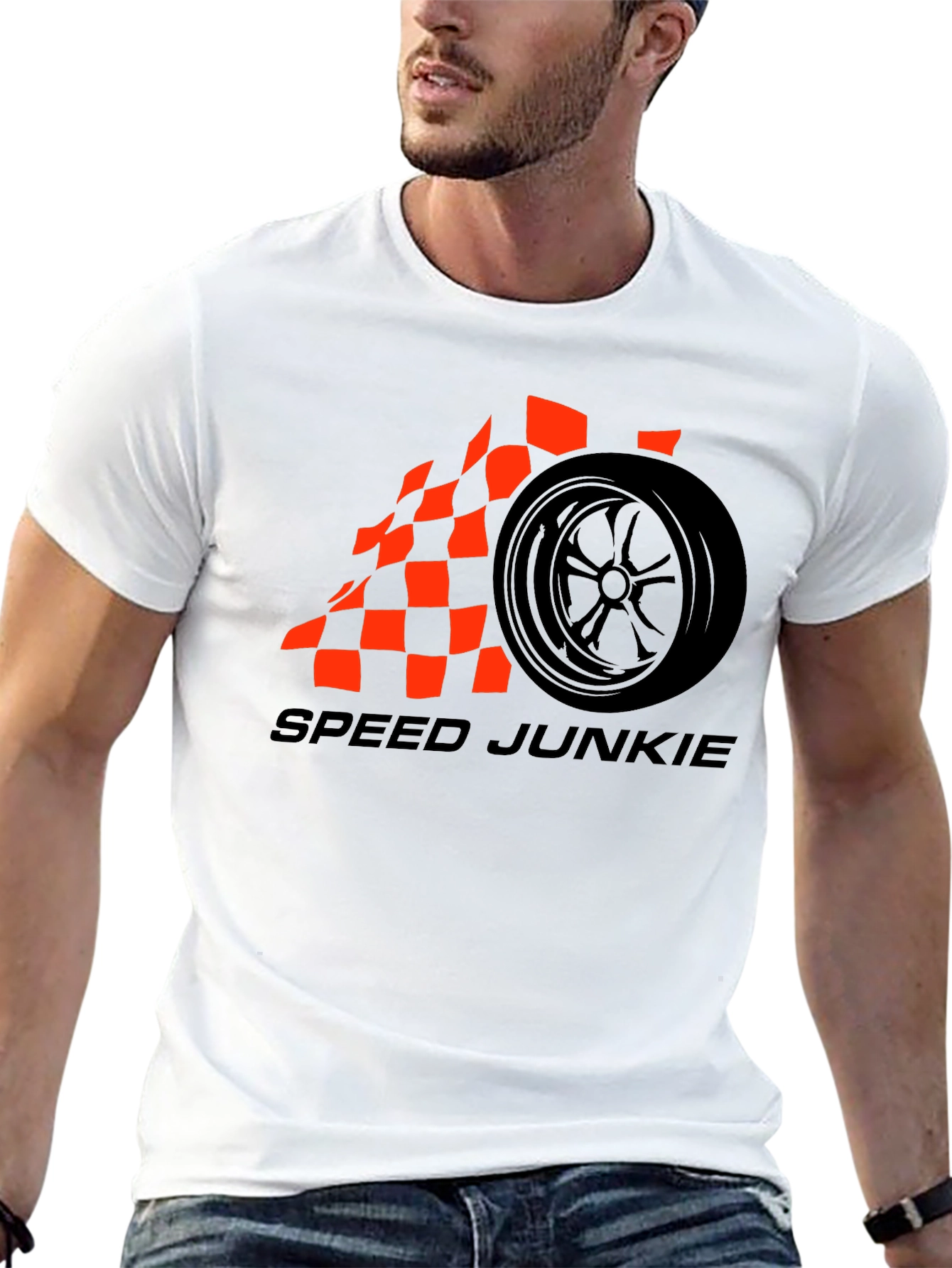 Speed Junkie Black T-Shirt with Checkered Flag Wheel Design