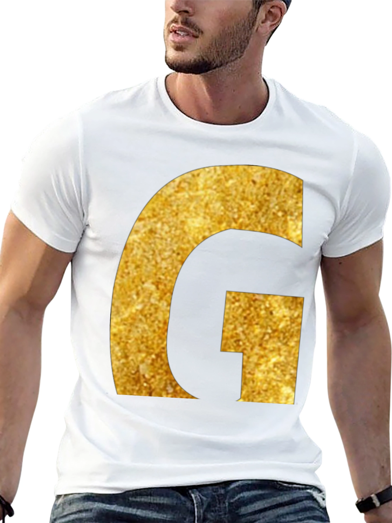 Gold Glitter G Initial Black T-Shirt