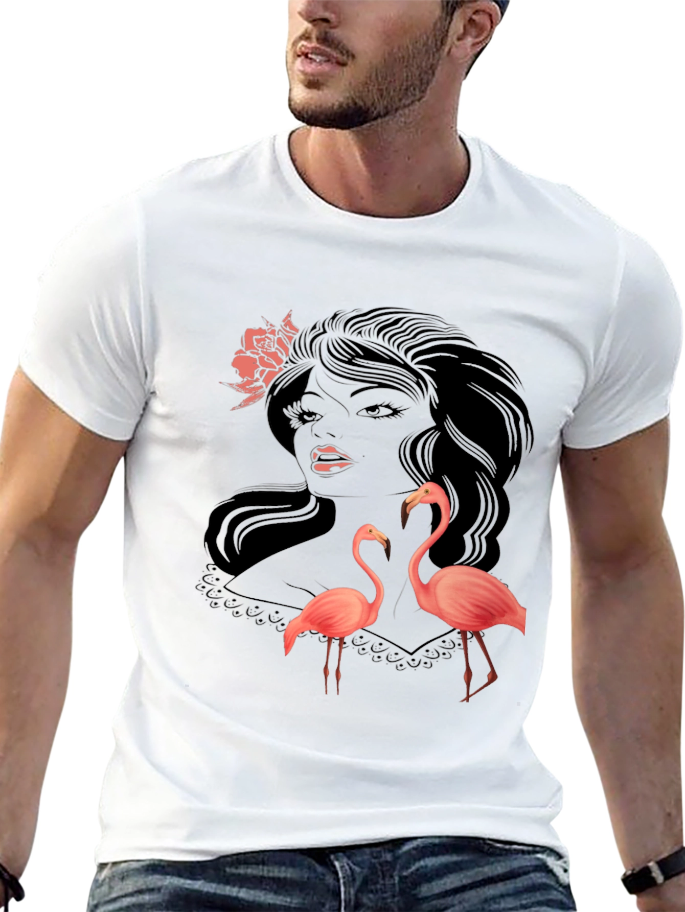 Stylish Black Graphic Tee with Flamingo Design