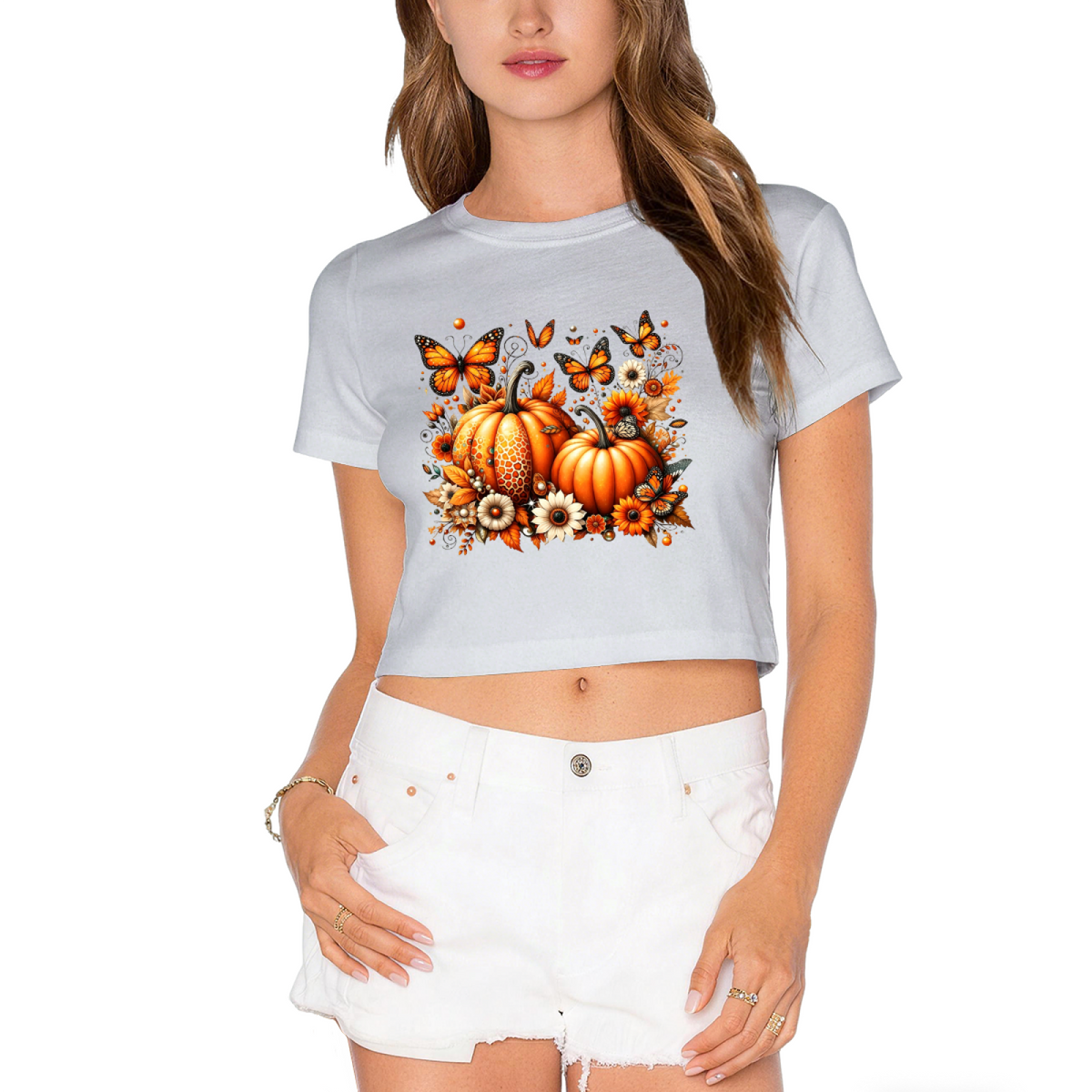 Fall Pumpkin Butterfly Floral Graphic Crop Top