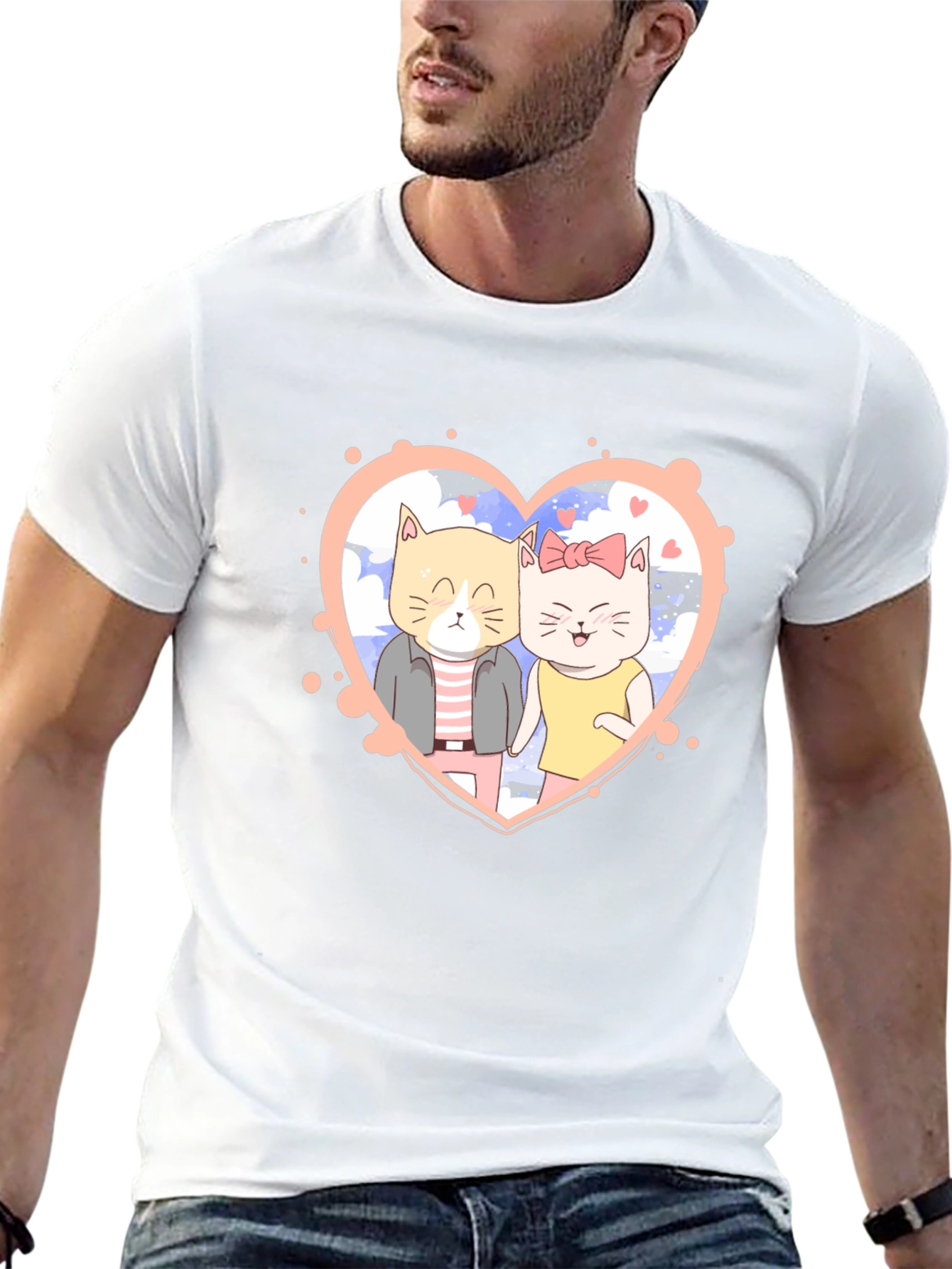 Cute Cartoon Cat Couple Black T-Shirt