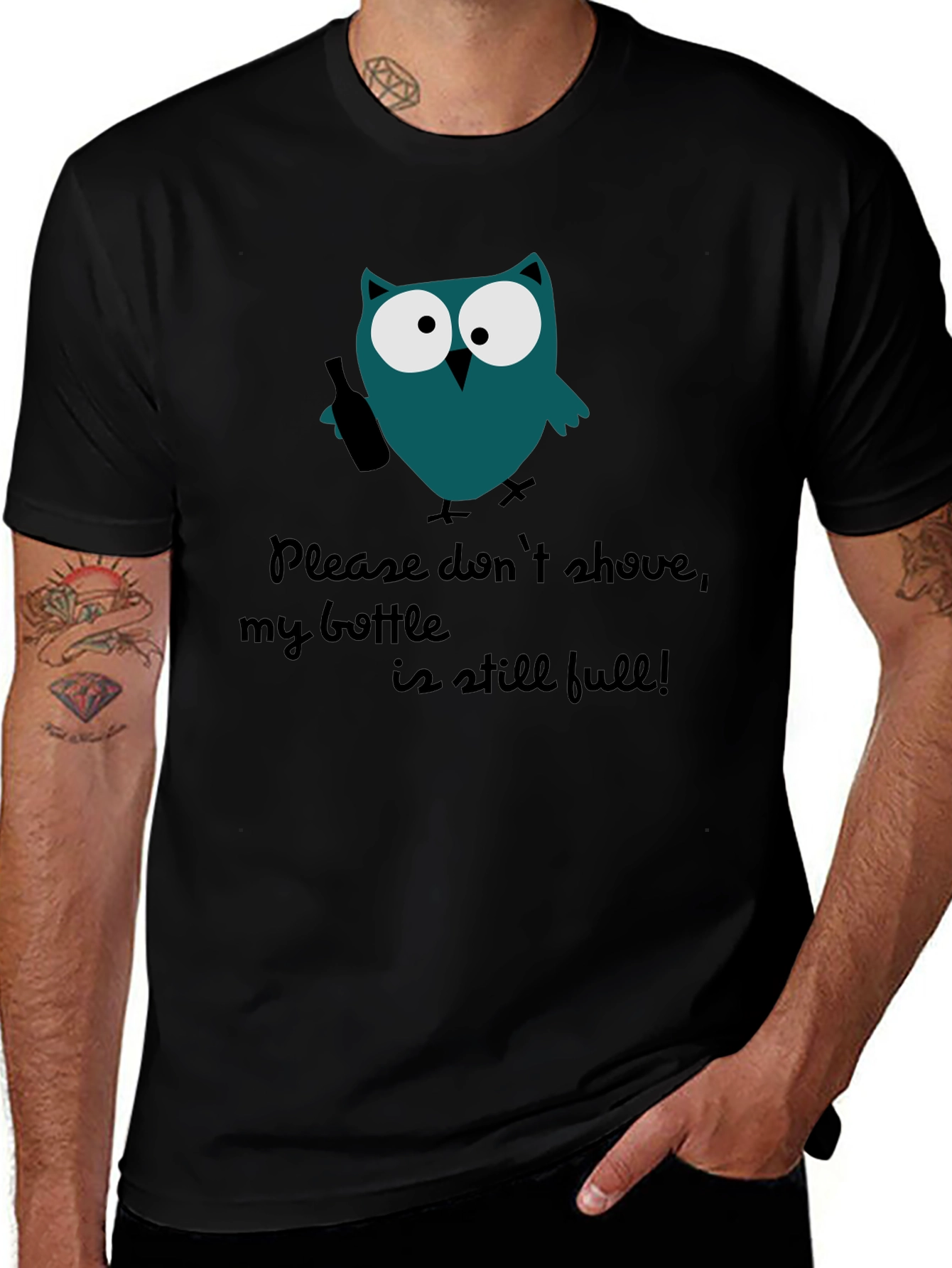 Funny Owl Bottle Graphic Mens T-Shirt