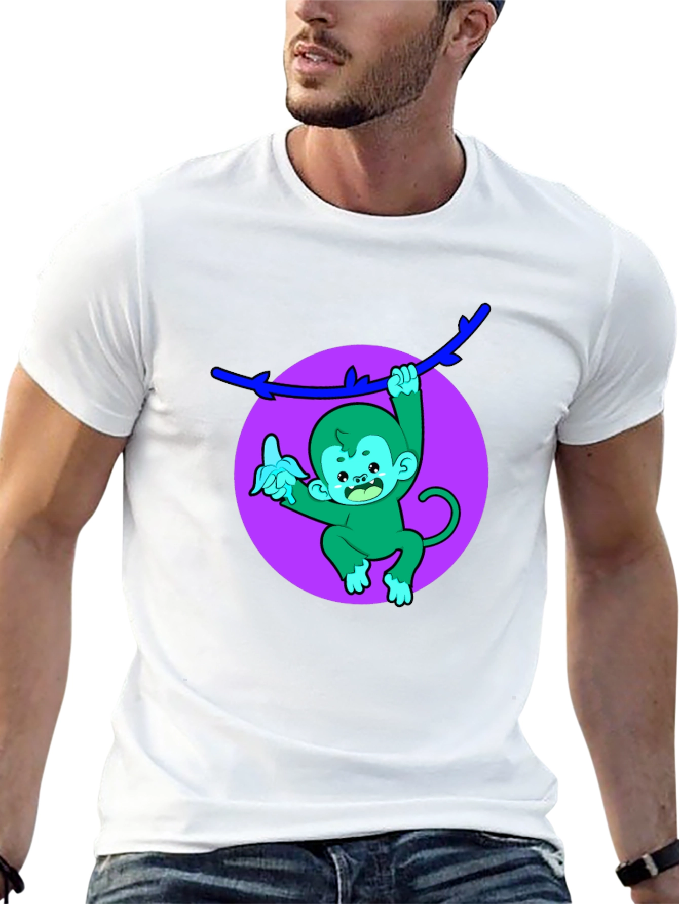 Funny Monkey on Branch Black T-Shirt