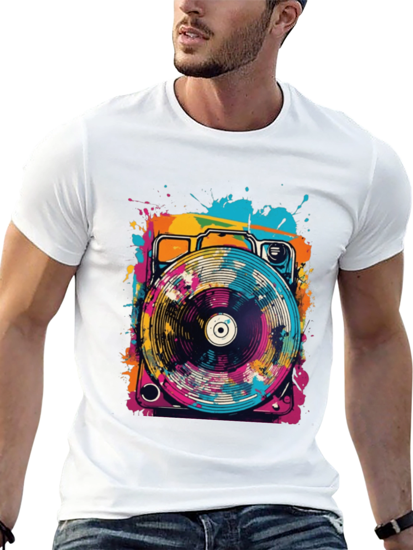 Retro Turntable Graphic Tee - Black Cotton Blend