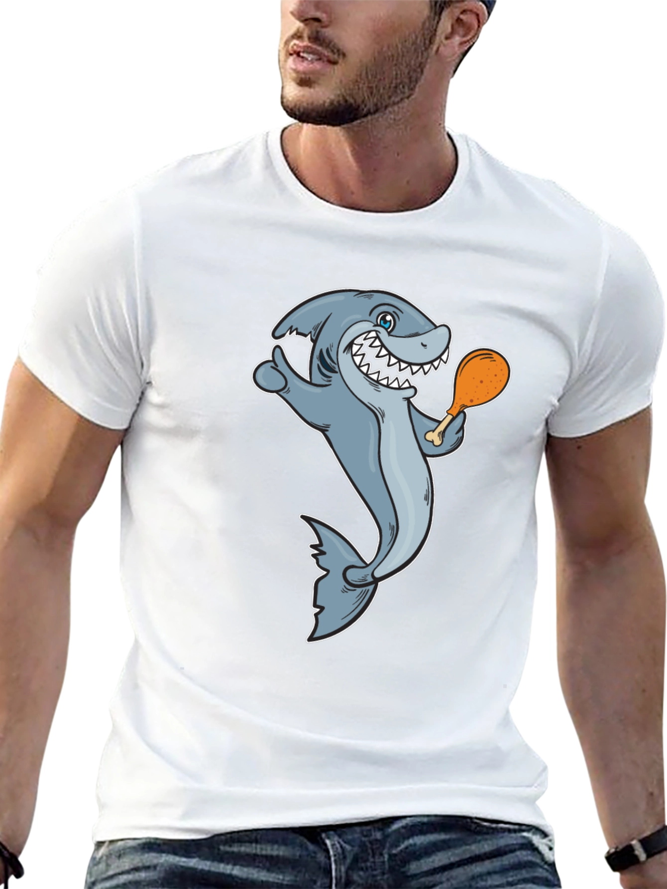 Shark Eating Chicken Leg Graphic Tee - Black