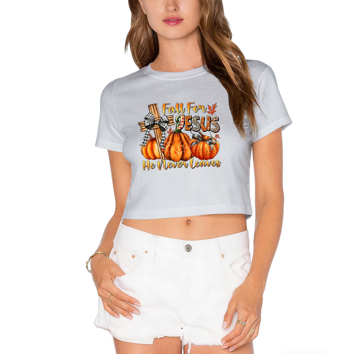 Fall For Jesus He Never Leaves Autumn Faith Cropped T?Shirt