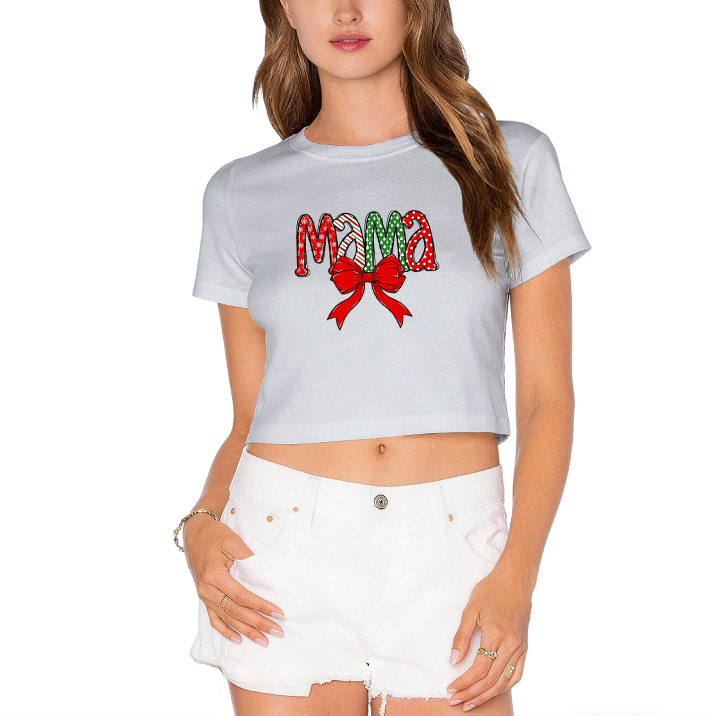 Christmas Mama Bow Festive Holiday Graphic Crop Tee