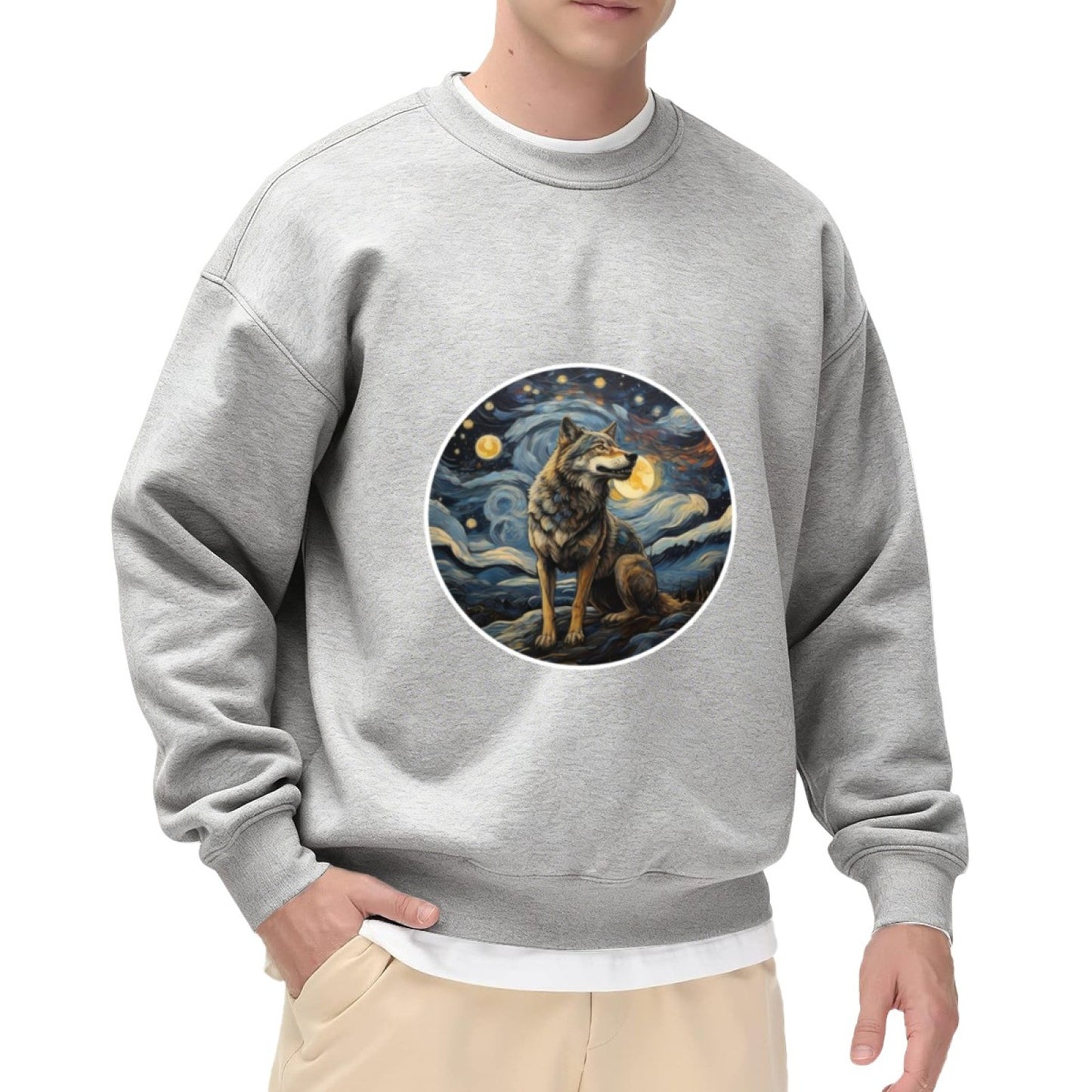 Starry Night Wolf Art Sweatshirt – Van Gogh-Inspired Wildlife Crewneck