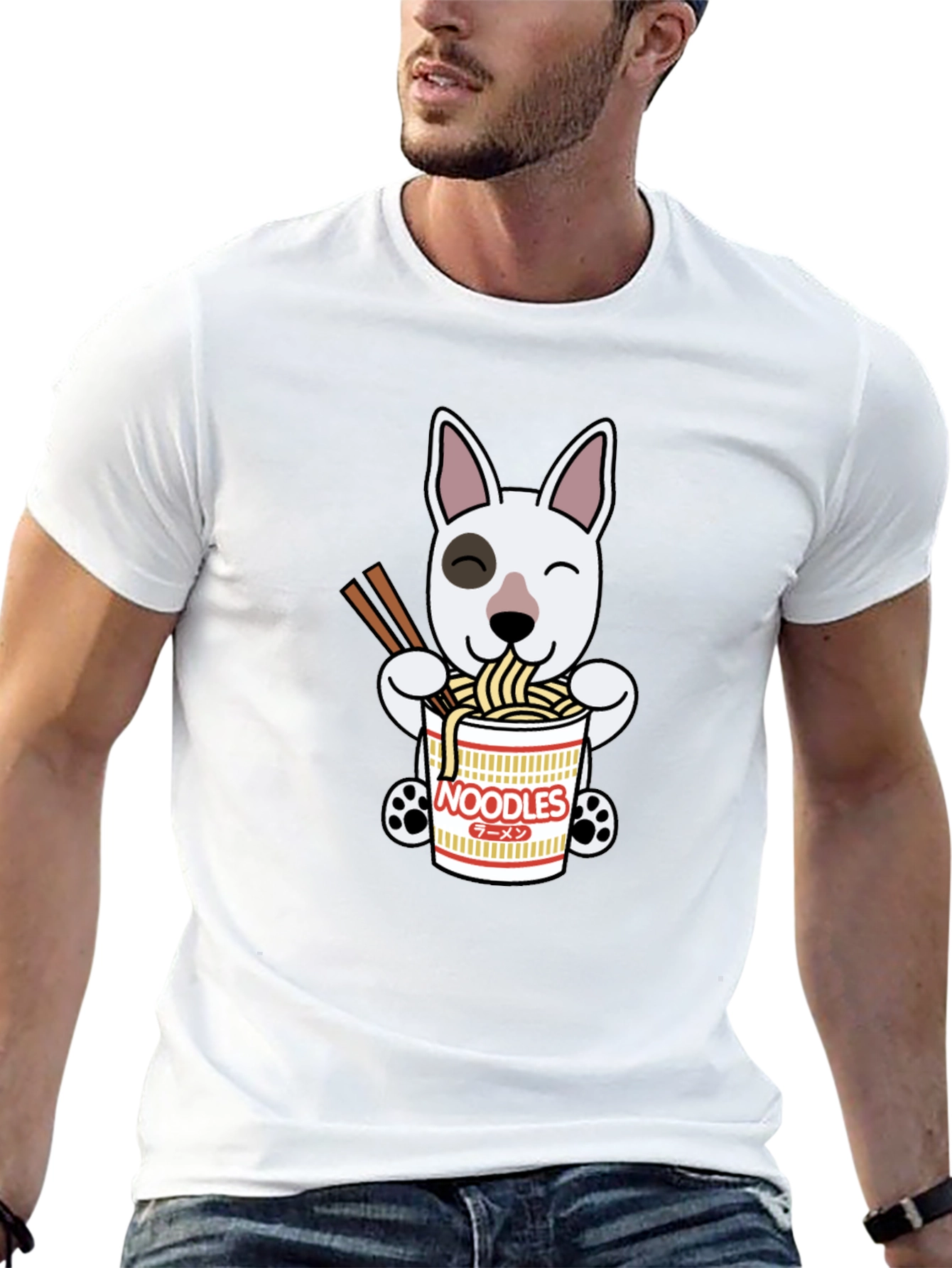 Cute Dog Eating Noodles Graphic T-Shirt