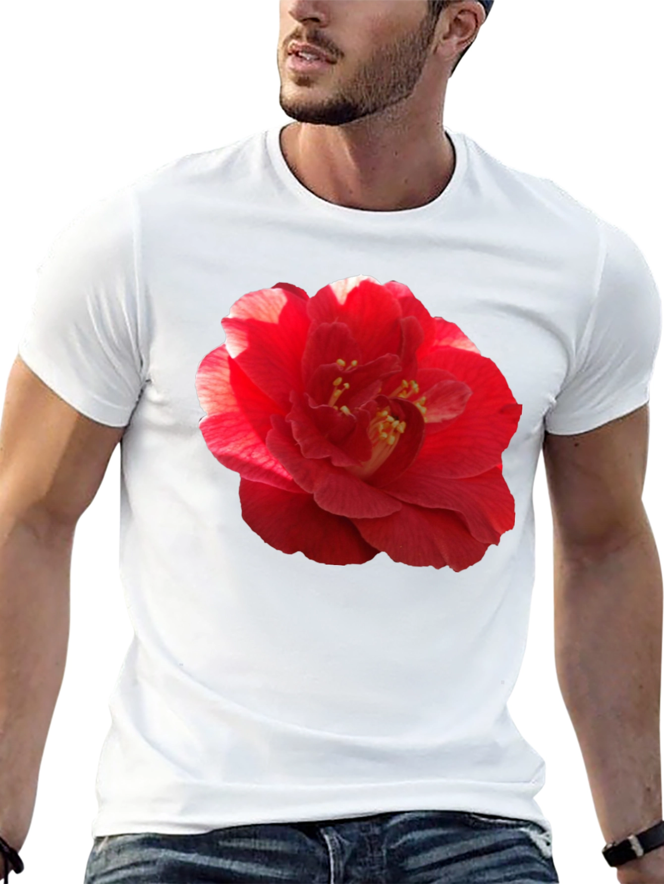 Red Camellia Flower Print Black T-Shirt