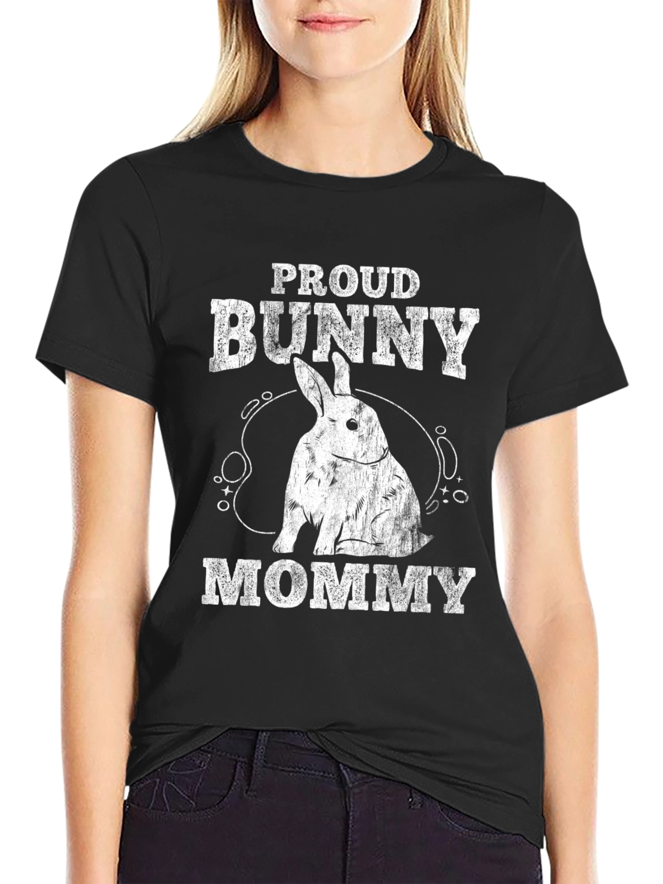 Proud Bunny Mommy Graphic Tee - Black Cotton T-Shirt