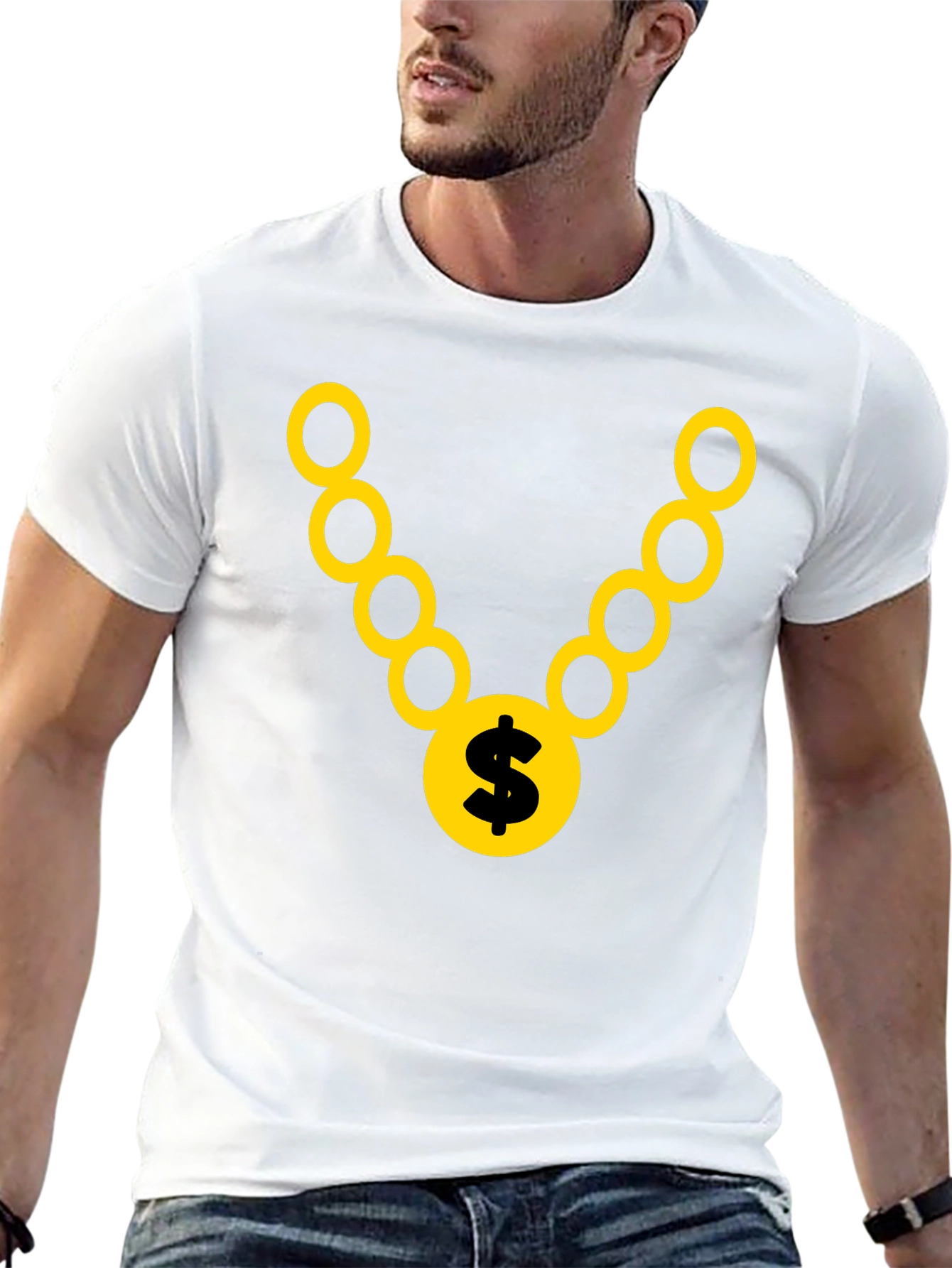 Black T-Shirt with Gold Chain and Dollar Sign