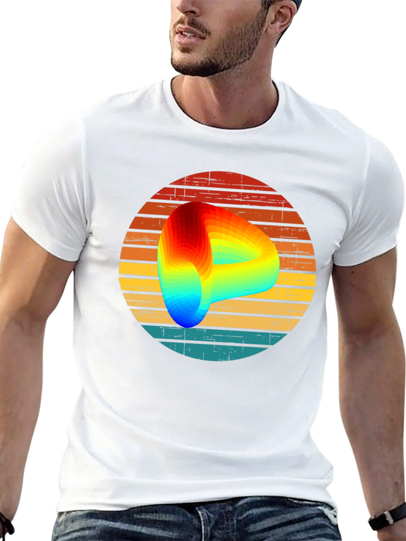 Retro Graphic Tee with Rainbow Swirl Design