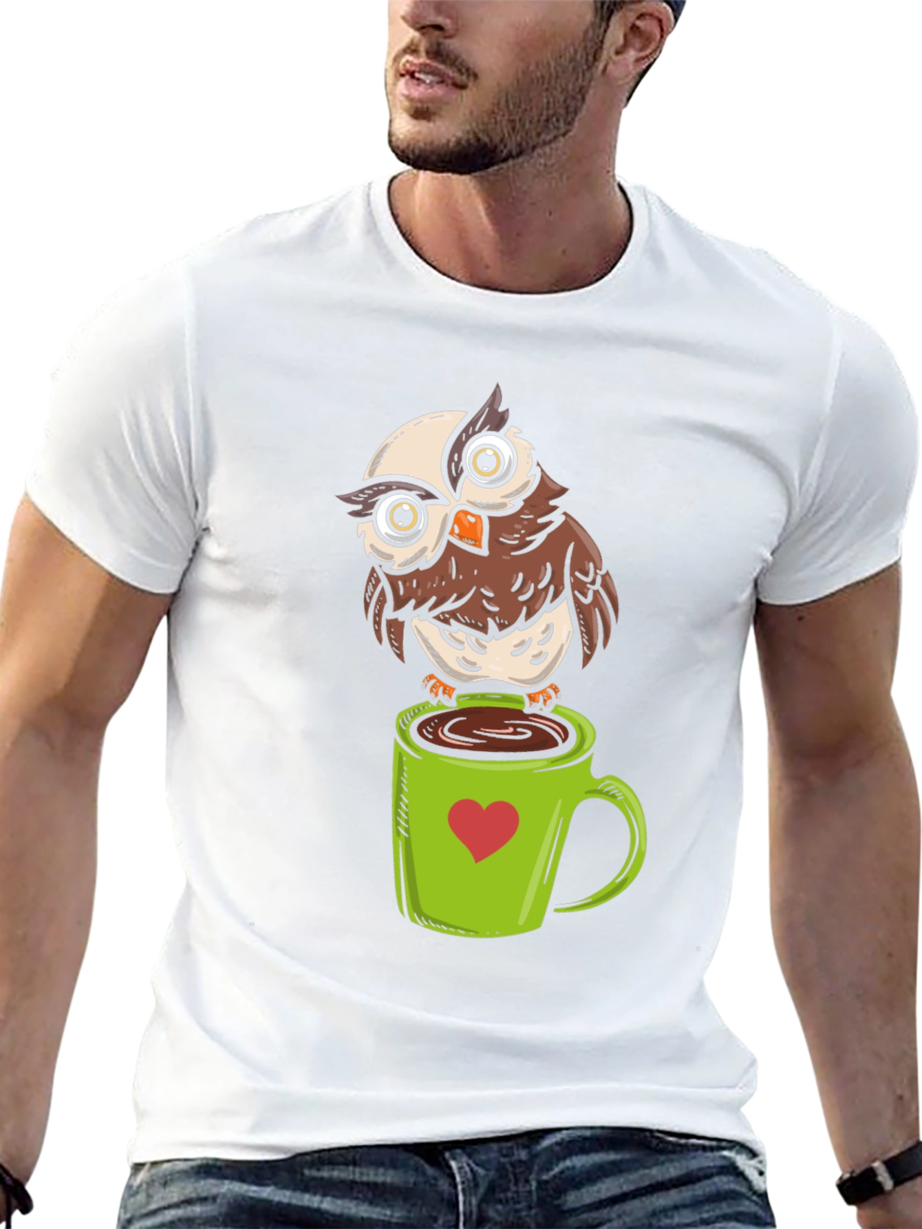 Owl on Coffee Mug Graphic T-Shirt