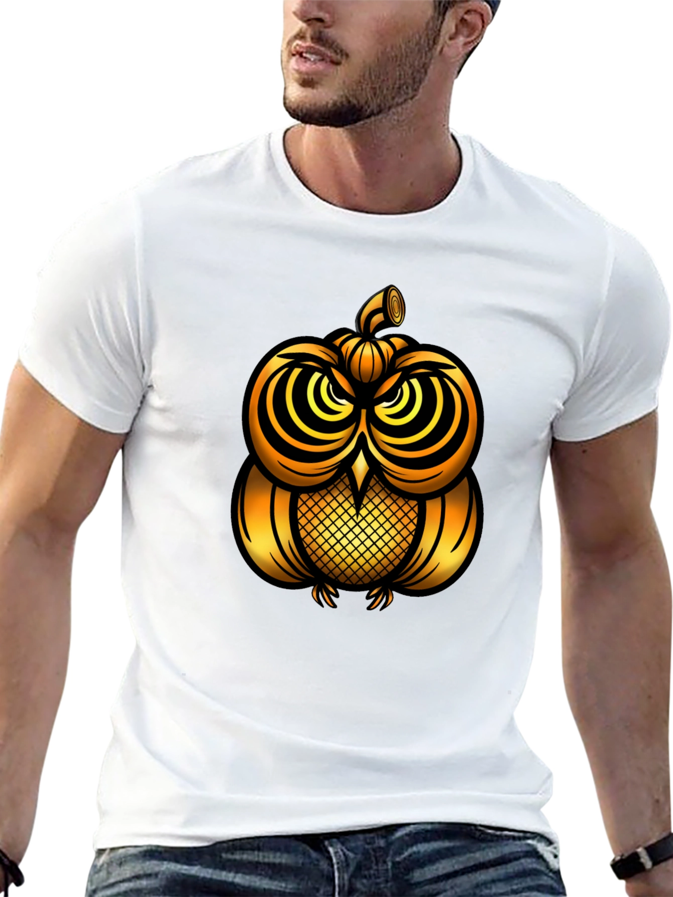 Golden Pumpkin Owl Graphic Tee - Unique Halloween Style